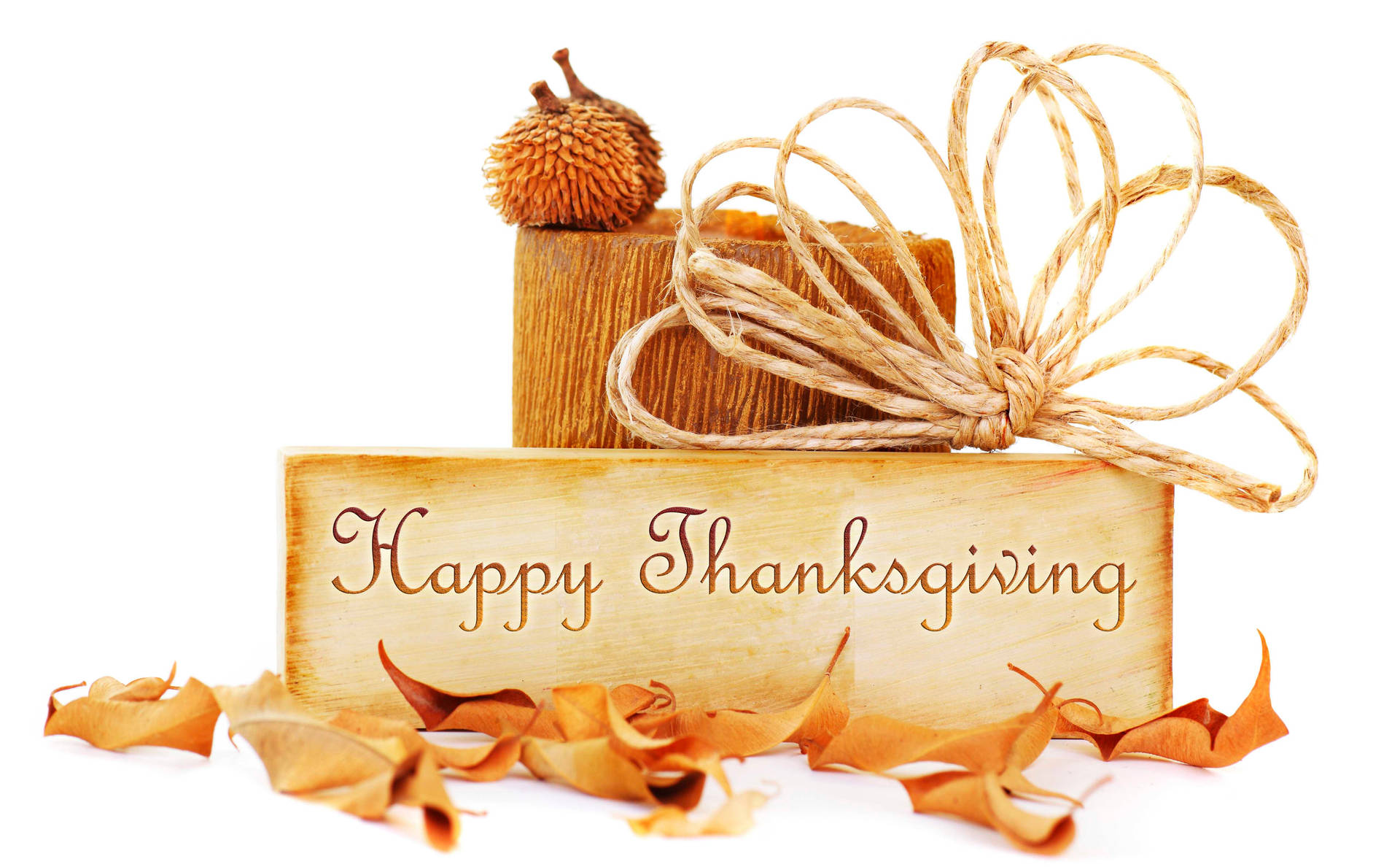 木製標牌上寫有「Happy Thanksgiving」文字，周圍環繞著秋葉和松果蝴蝶結。