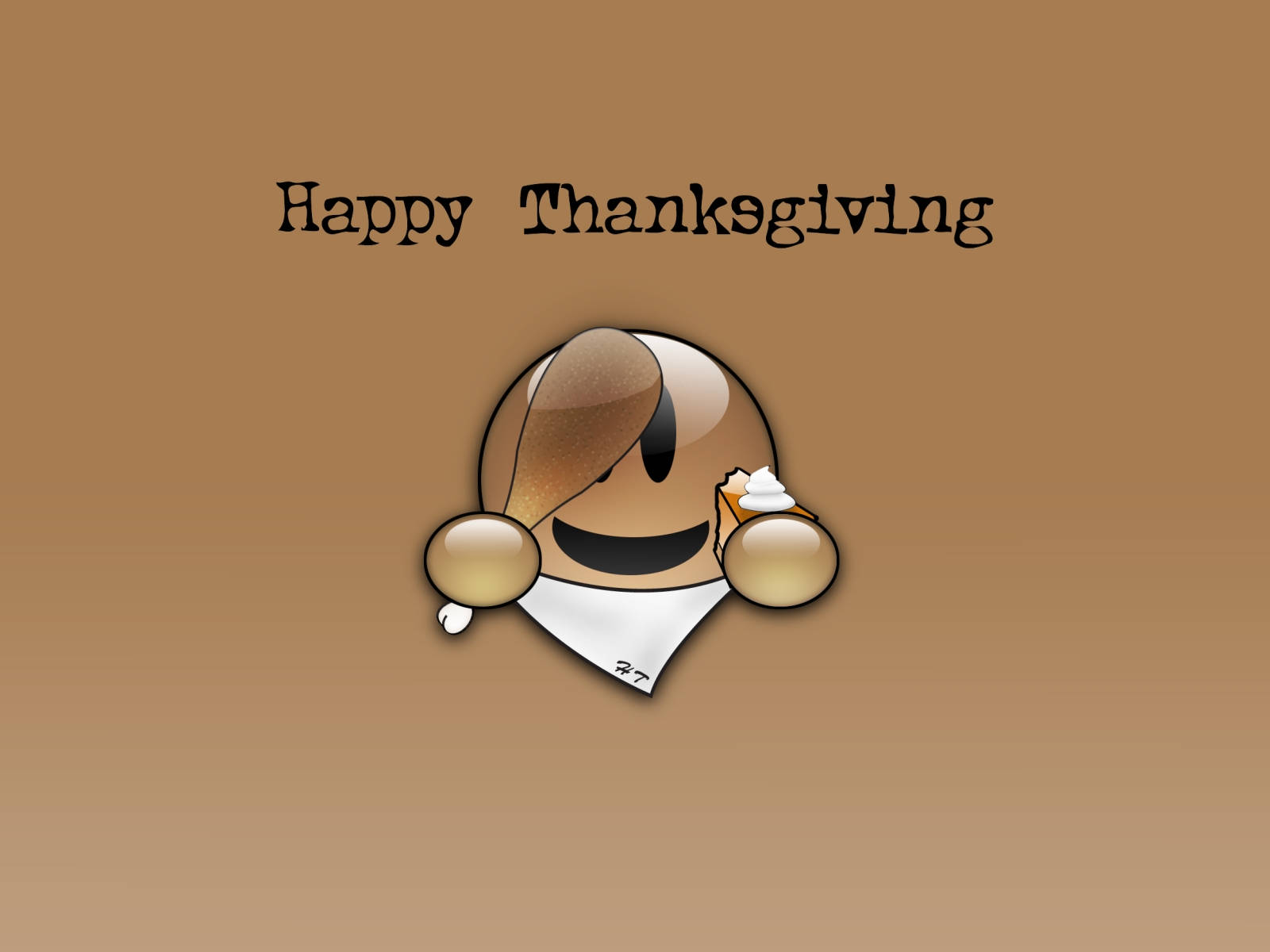 卡通火雞戴頭巾手持南瓜批，附有Happy Thanksgiving文字。