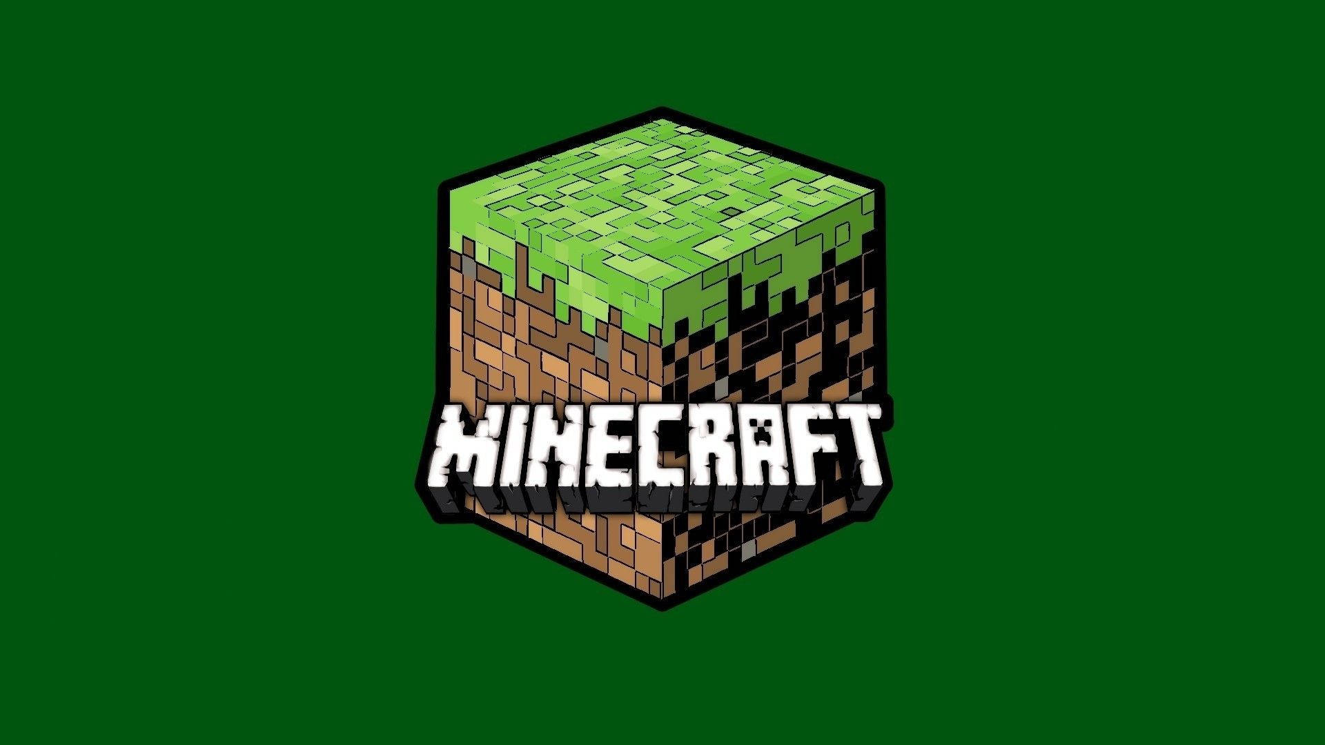 可愛我的世界標誌 壁紙 — 一個像素化的Minecraft方塊，帶有草和泥土層，居中在純綠色背景上。