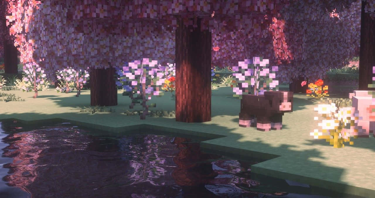 Minecraft 池塘附近櫻花下的像素化牛。