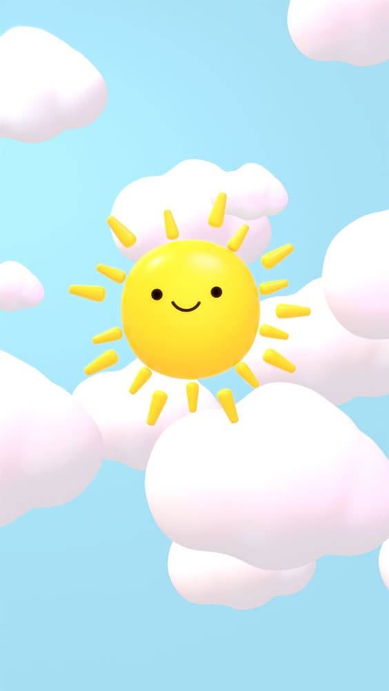 可愛手機微笑太陽藍天 壁紙 — 一個笑臉的快樂黃色太陽從柔軟的粉紅雲層中探出頭來，映襯著淺藍色的天空。