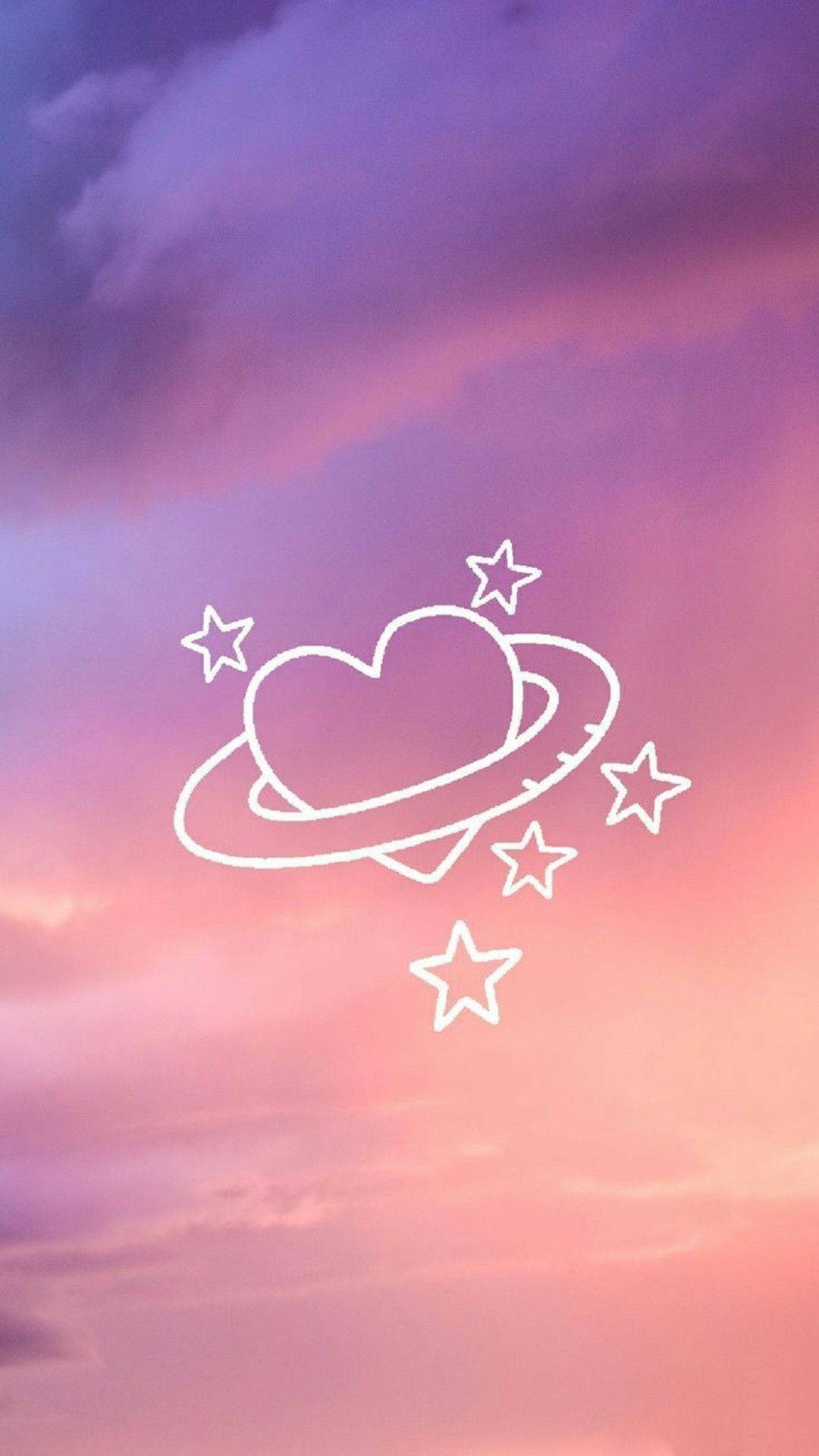 可愛手機心形藝術 壁紙 — 一顆發光的白色心形行星，帶有光環和星星，漂浮在夢幻般的粉紅色和紫色日落天空上。