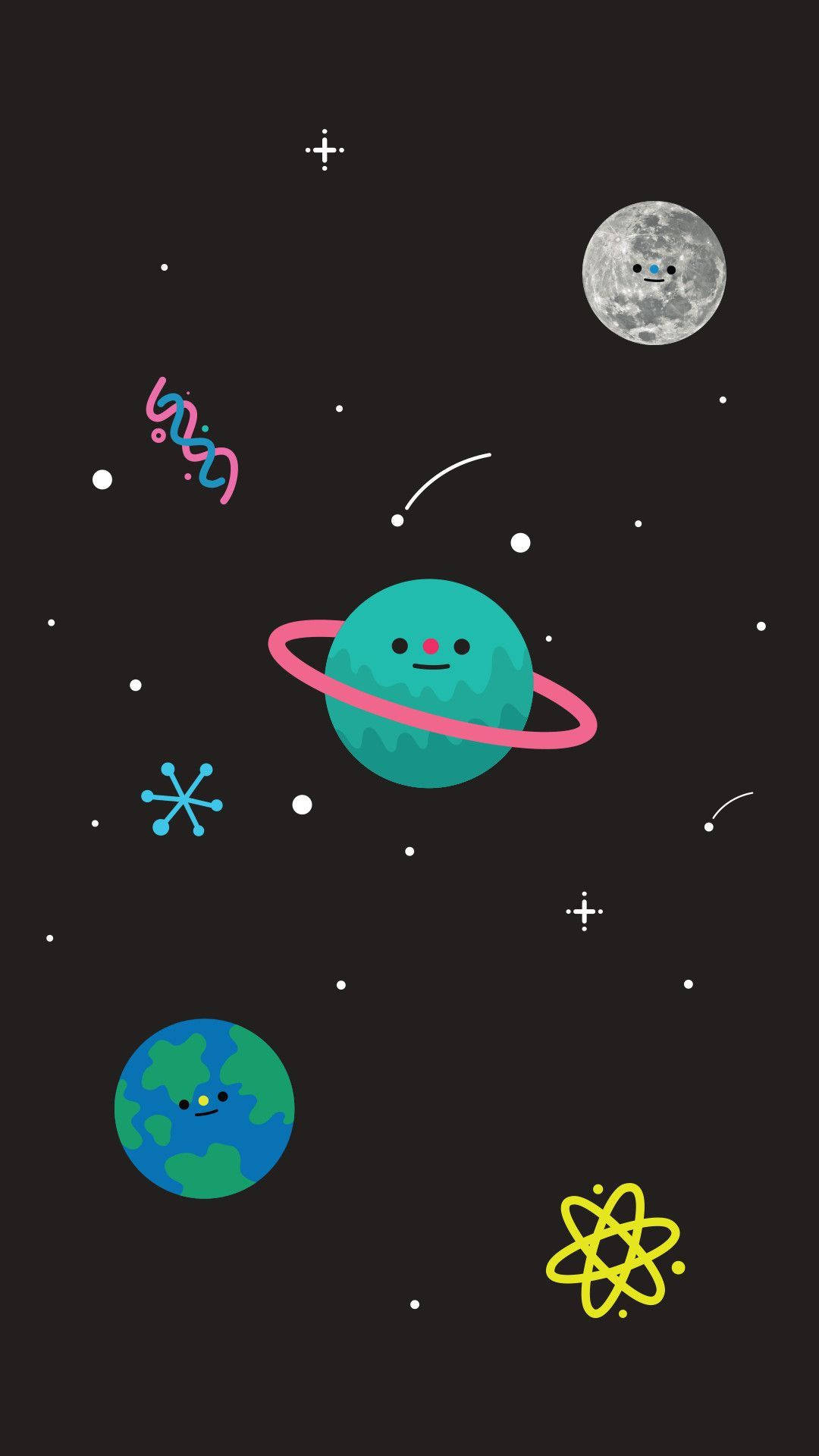 可愛手機暗黑星系藝術 壁紙 — 一個可愛的卡通太空場景，有微笑的行星、月亮和星星漂浮在黑暗的宇宙中。