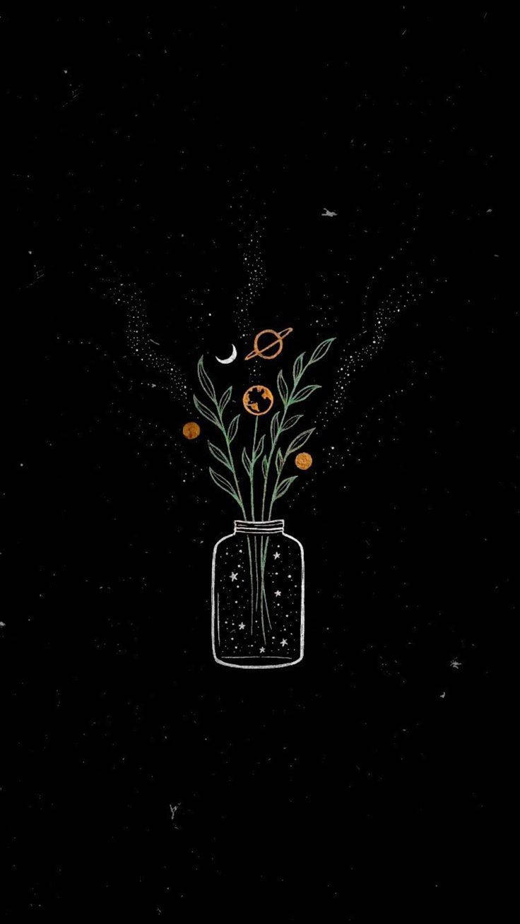 一個玻璃罐，裡面有宇宙花朵和行星，背景是繁星點點的夜空。