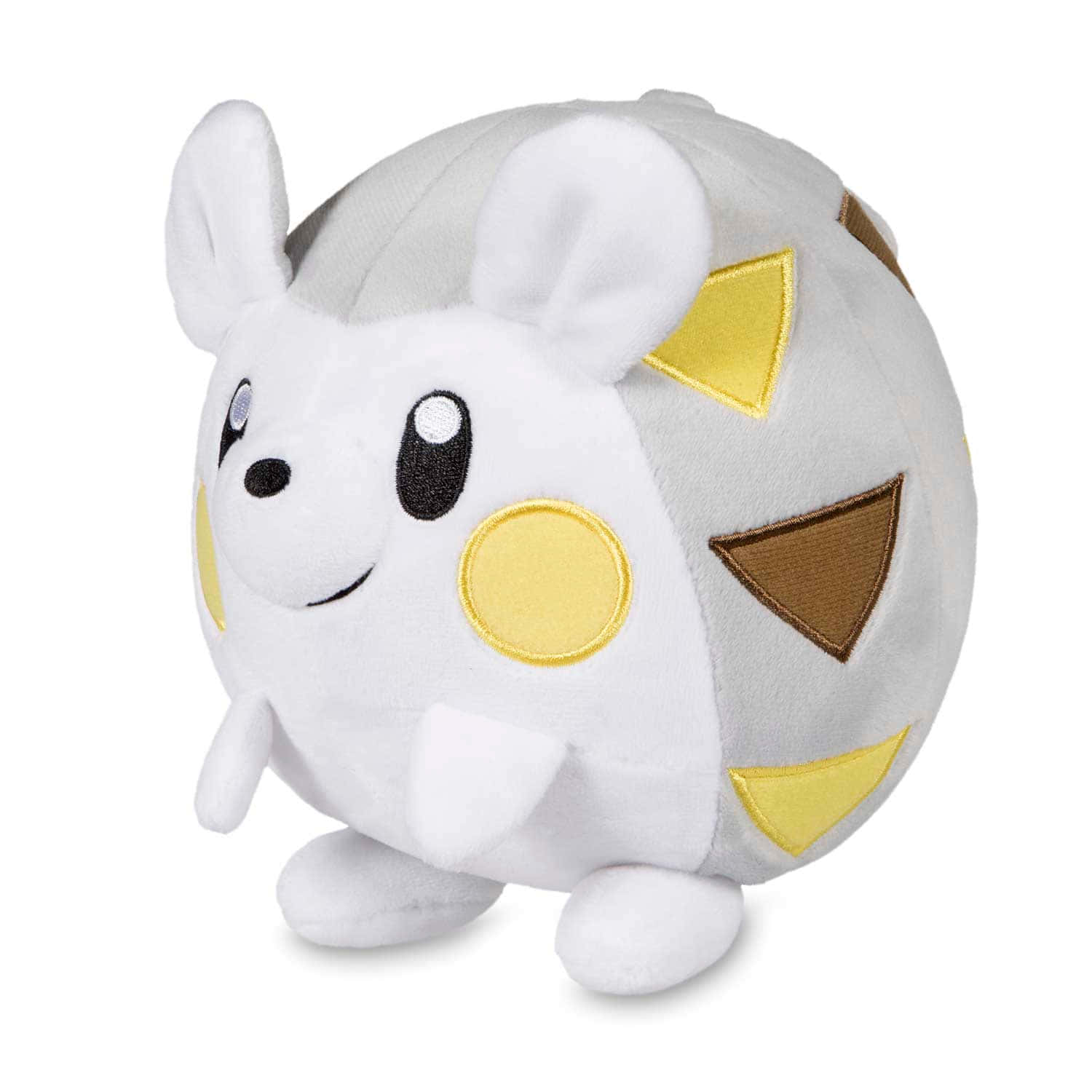 可愛托戈德馬魯絨毛玩偶 壁紙 — 柔軟白色毛絨玩具，Pokémon Shinx，帶有黃色和棕色幾何圖案補丁及黑色大眼睛。