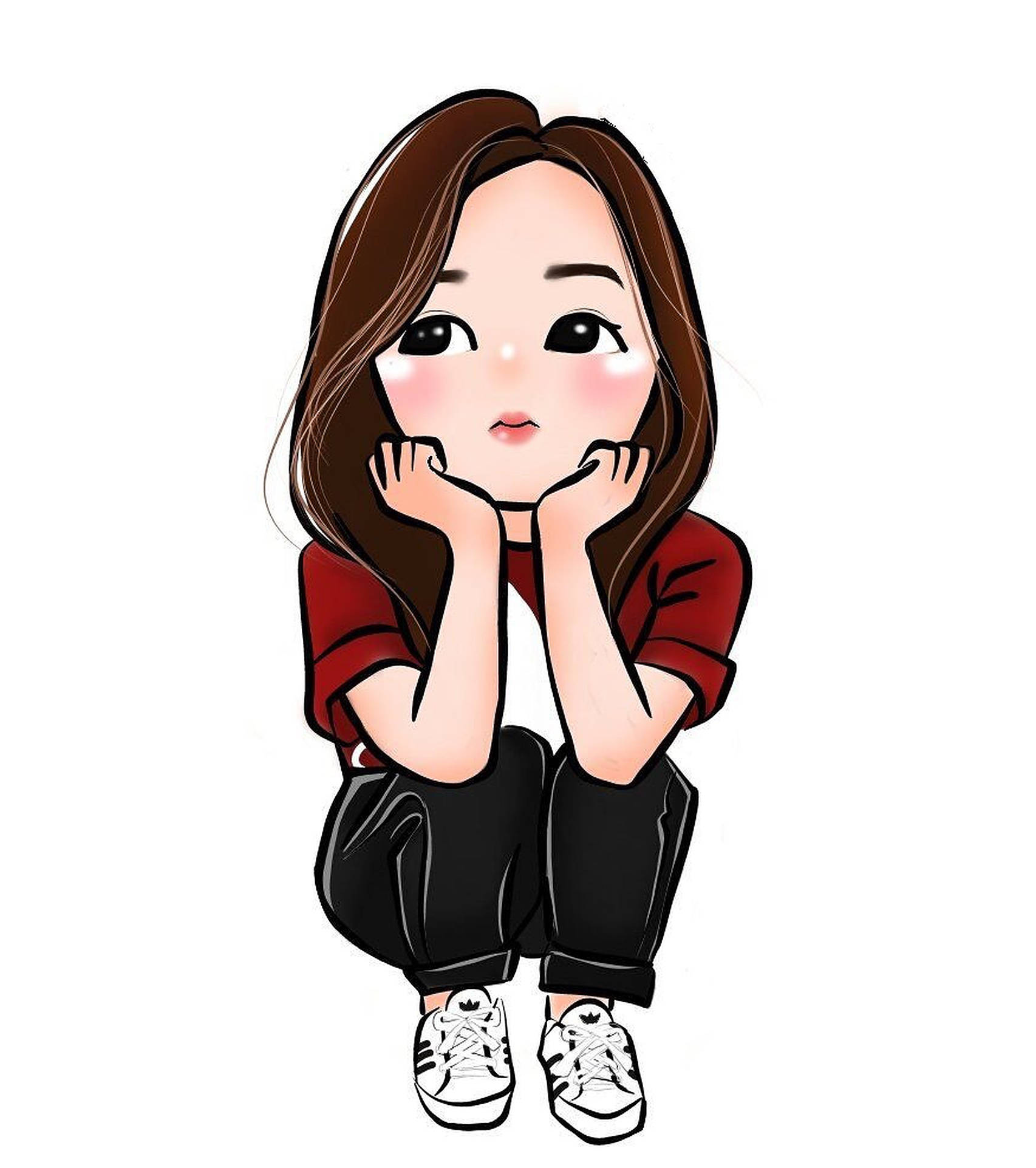 可愛插畫風格頭像 壁紙 — 一個可愛的卡通女孩，棕色頭髮，盤腿而坐，雙手捧著臉頰，穿著紅色襯衫、黑色褲子和白色運動鞋。