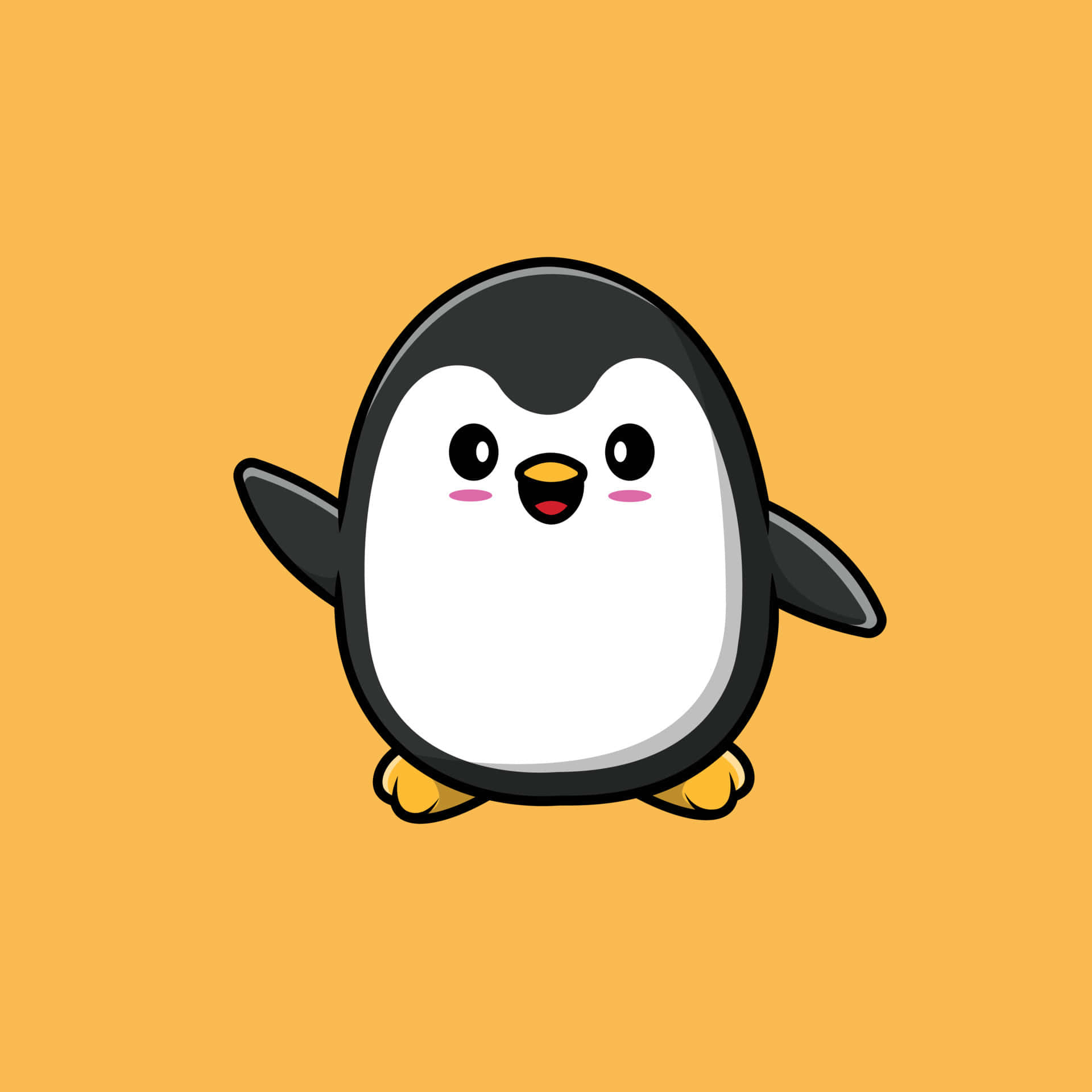一隻快樂的卡通企鵝，臉頰粉紅，站在橙色背景上。