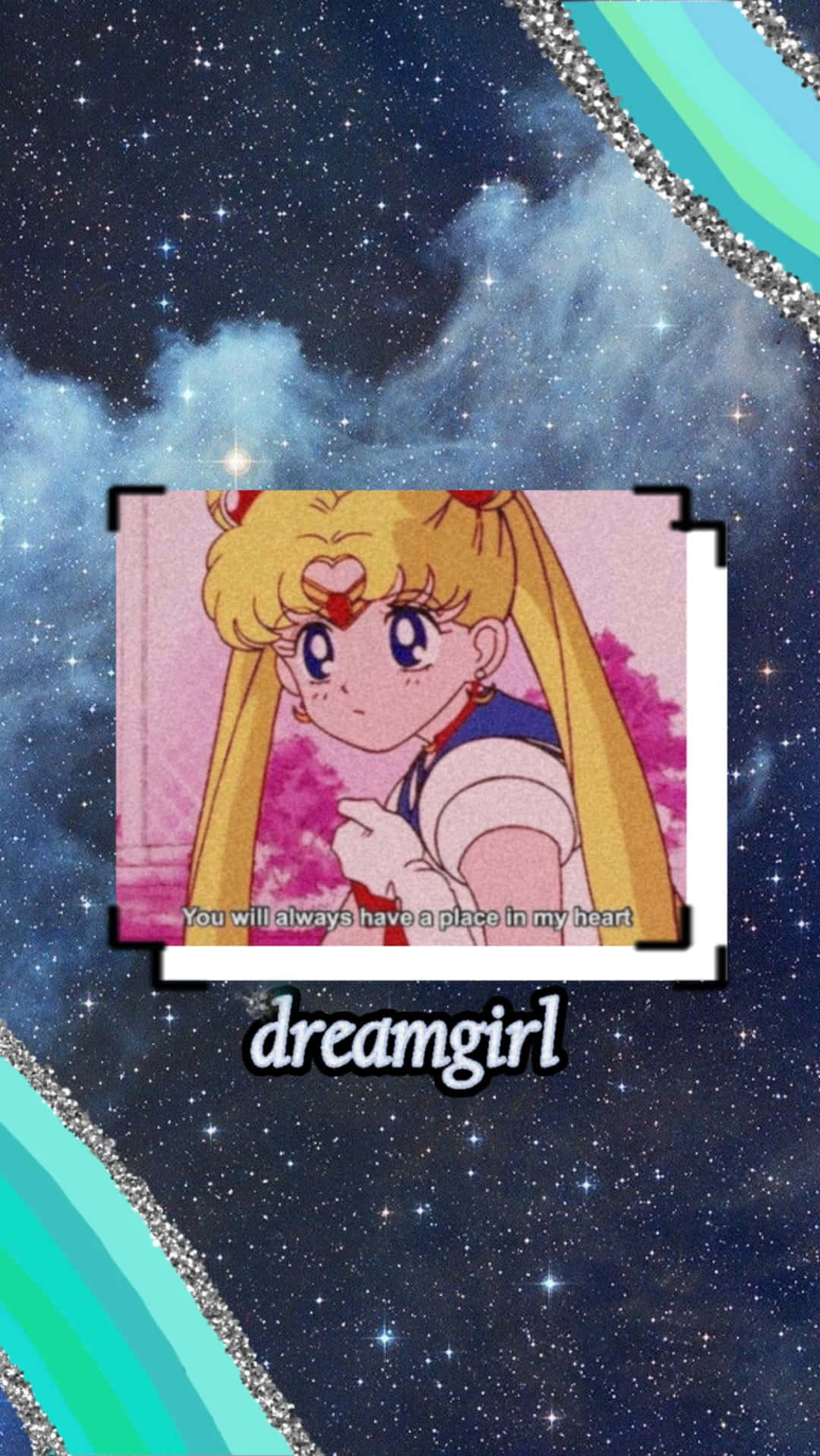 美少女戰士動漫角色在星空背景下，鑲嵌在帶有彩虹邊框的照片中。