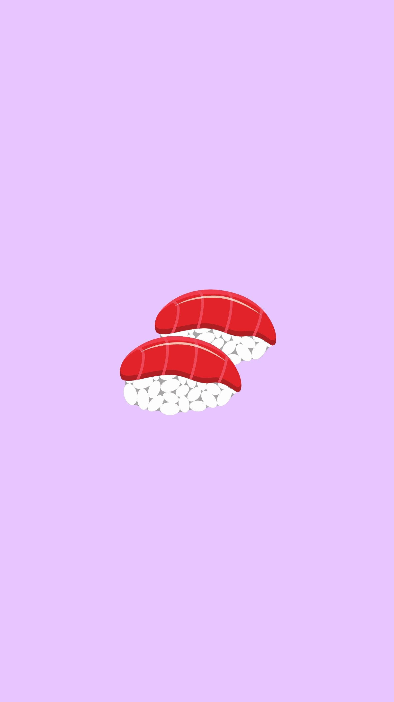 可愛日系壽司 壁紙 — 兩件卡通風格嘅吞拿魚握壽司放置喺柔和薰衣草背景嘅中央。