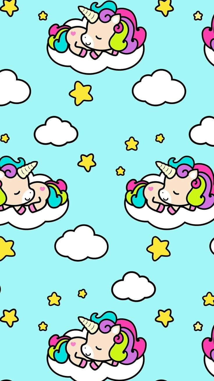 獨角獸在雲朵上睡覺，背景有星星的粉彩天空。