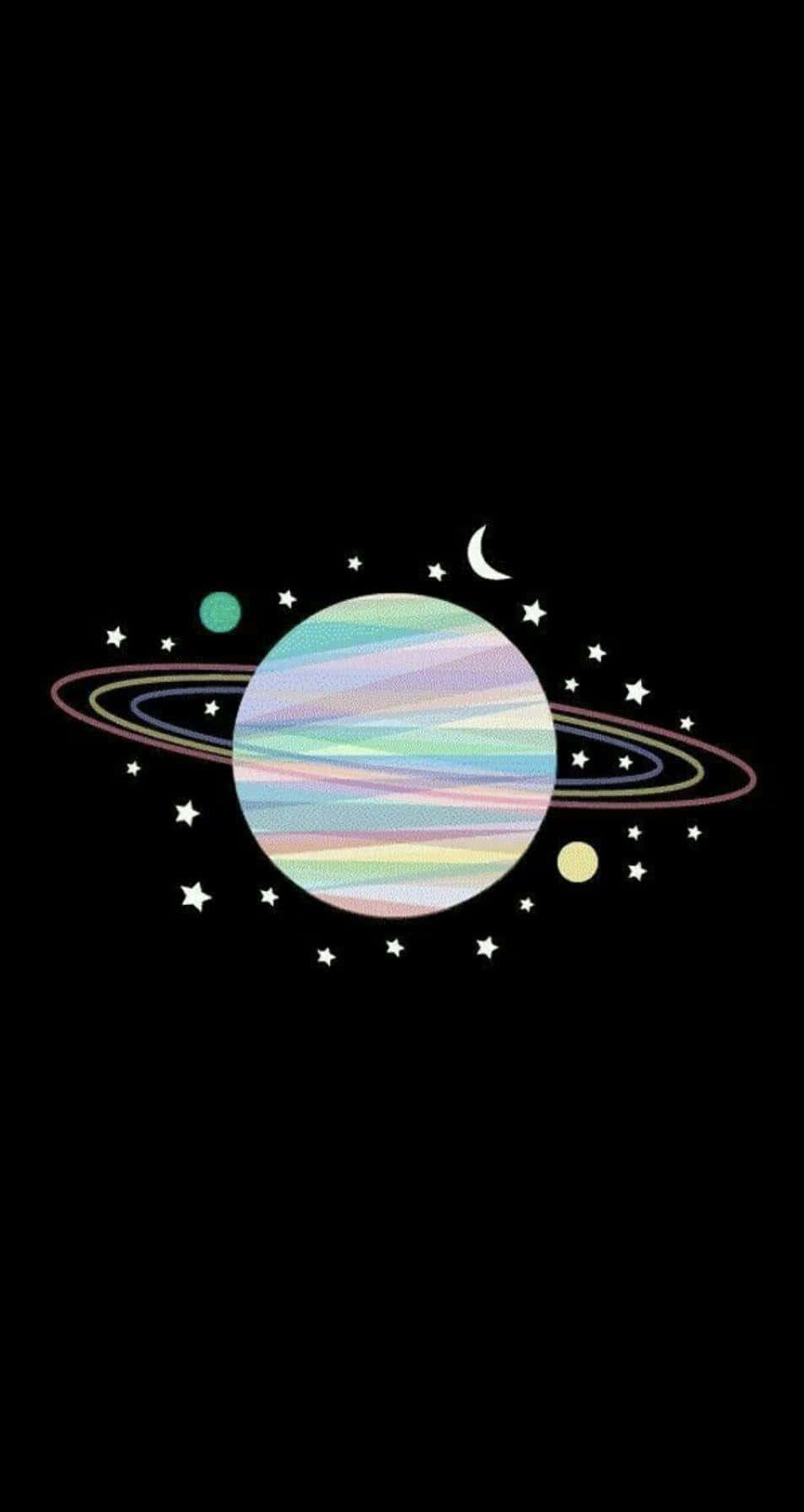 粉彩行星帶有環，被星星和彎月環繞在太空中。