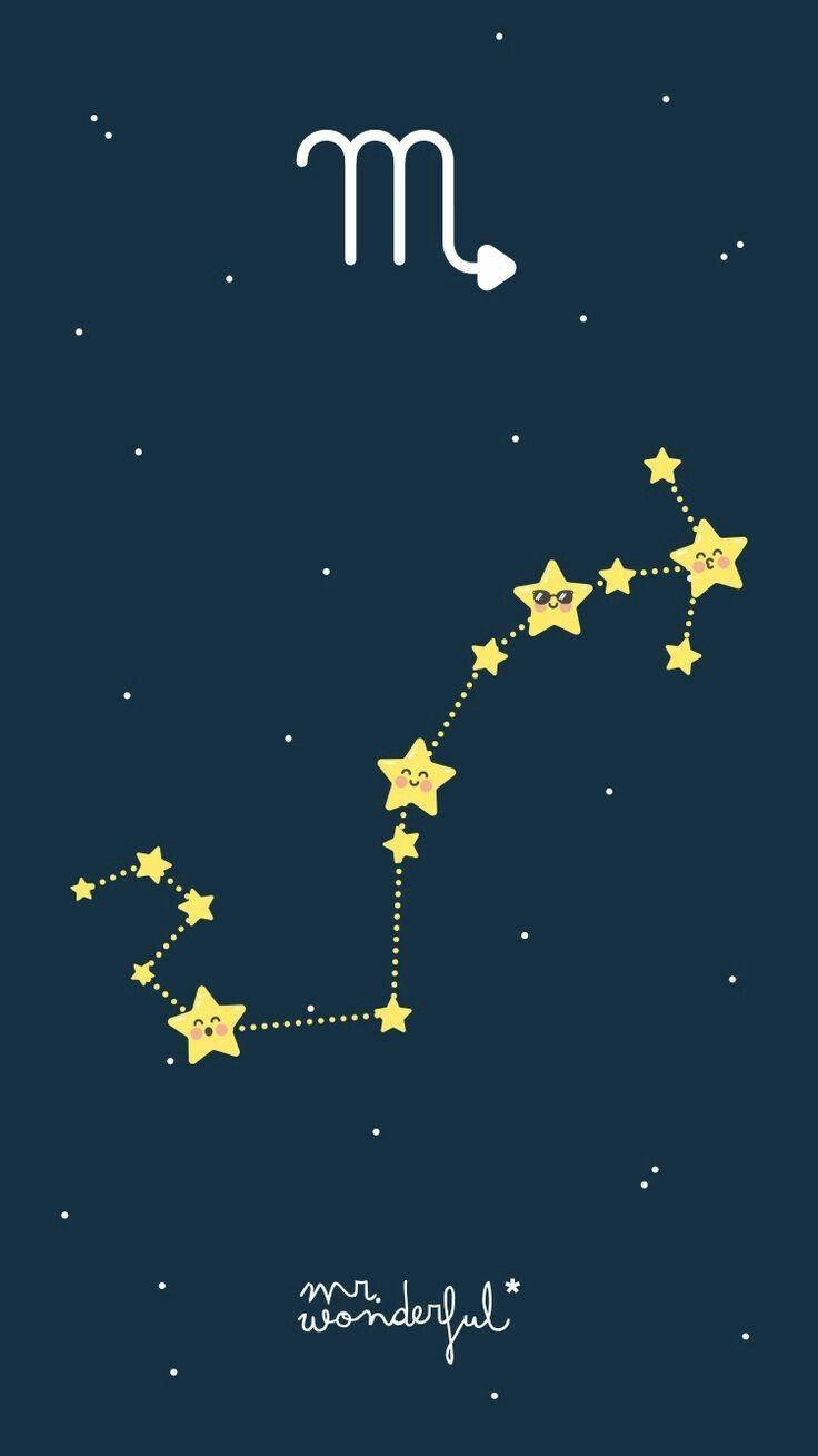 可愛的卡通星座，在深藍色背景上有微笑的星星。