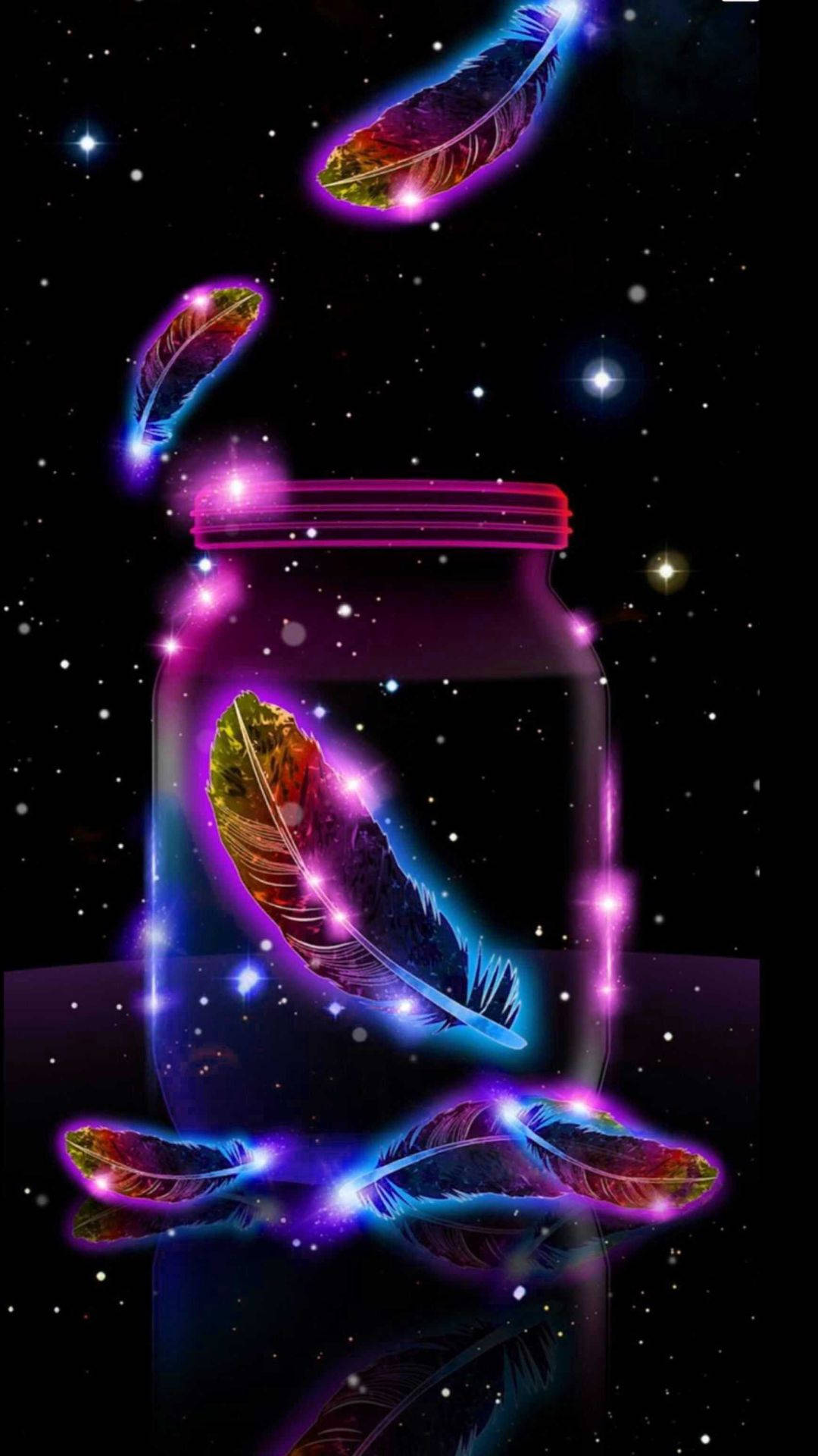 霓虹發光的羽毛在星空宇宙場景中漂浮在罐子周圍。