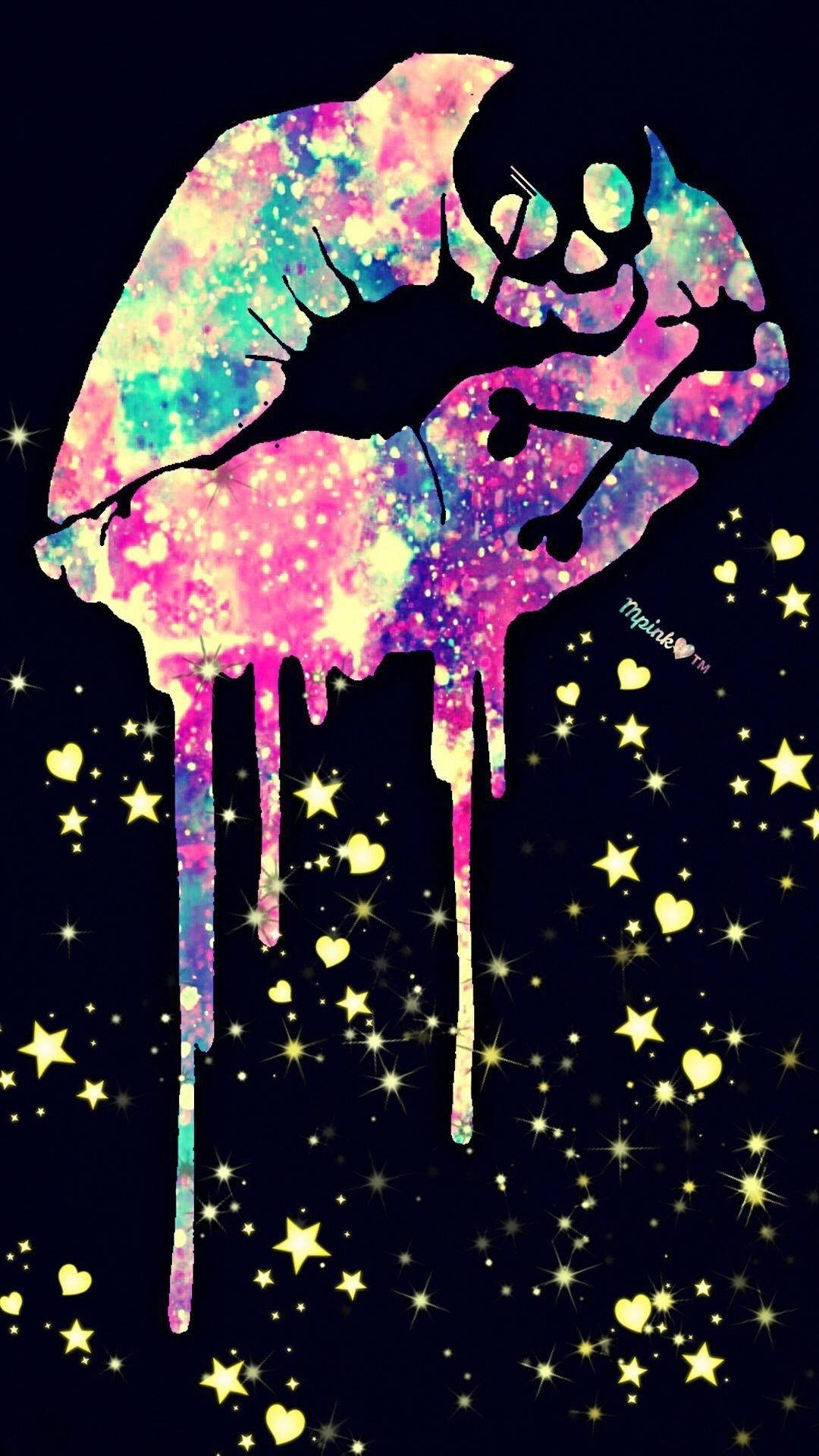 可愛星系滴落唇彩 壁紙 — 一個充滿活力的銀河色親吻剪影，在滿是金色心形的星空夜空中滴落閃粉。