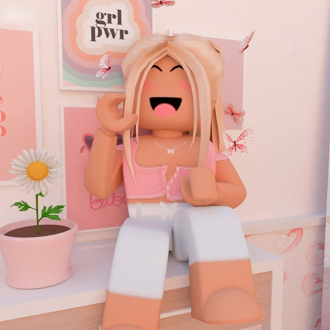 一個微笑的Roblox頭像在一個有蝴蝶和雛菊的粉紅色房間裡。