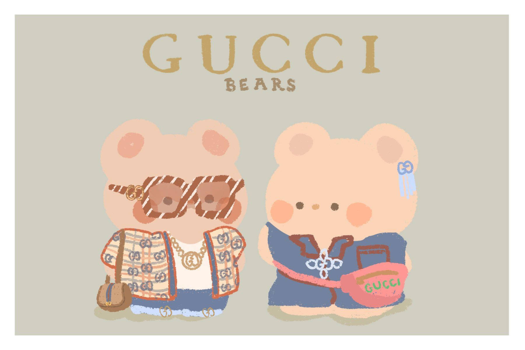 兩隻風格化的熊穿著Gucci品牌的服裝和配飾。