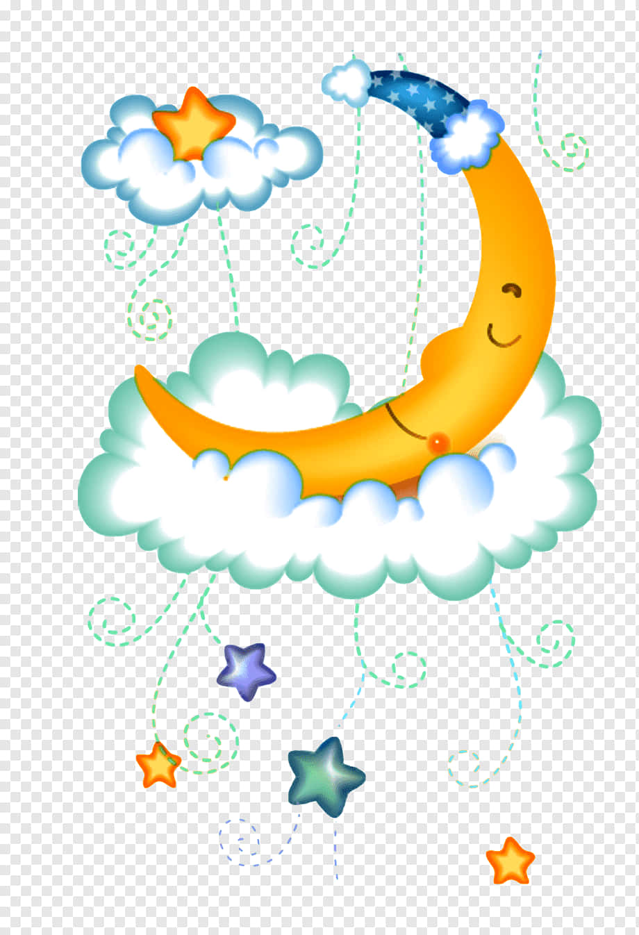 戴著星星帽的微笑月亮漂浮在雲朵上，伴有流星。