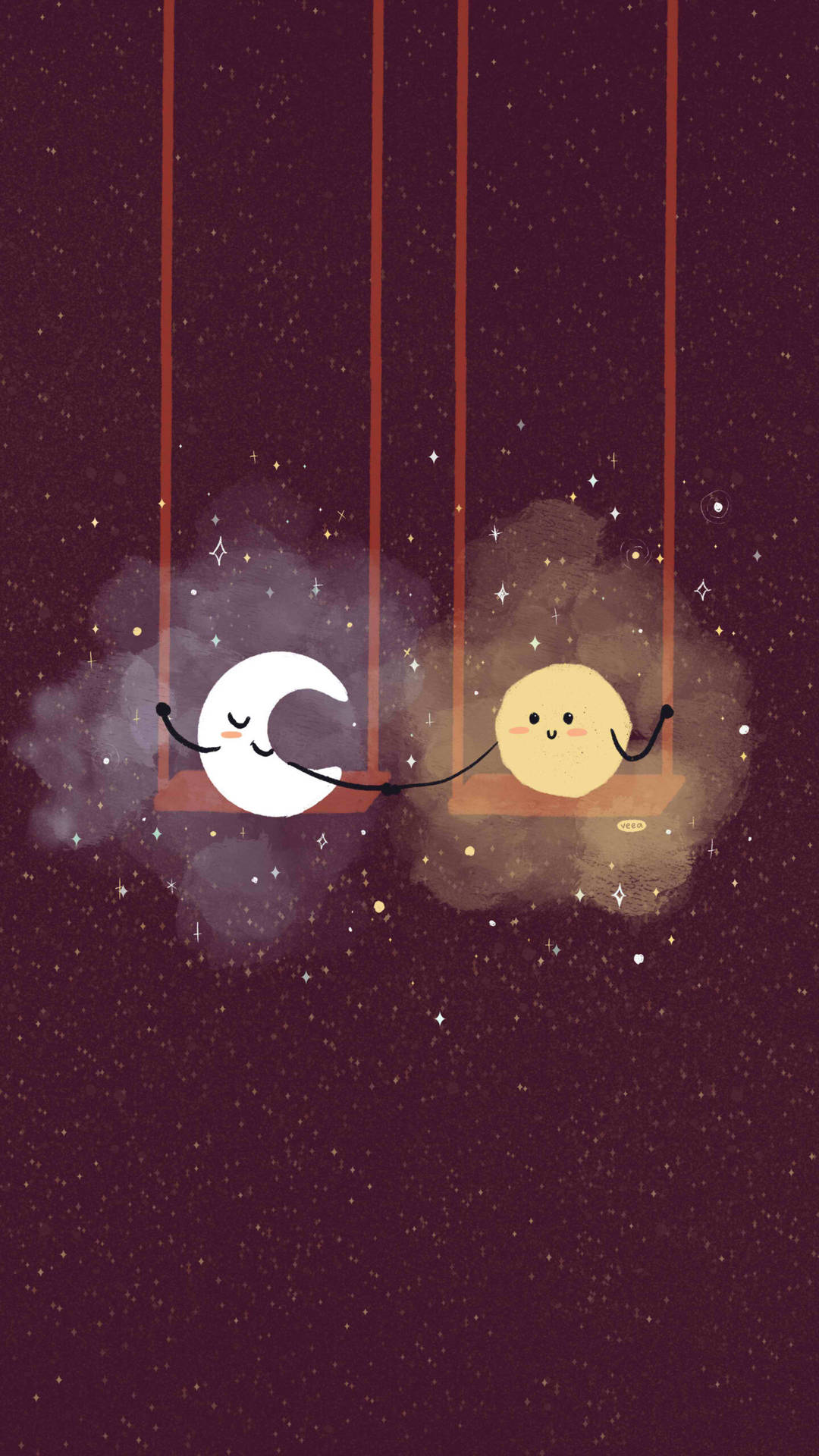 可愛月亮與星球美學手機壁紙 壁紙 — 一個可愛的彎月和微笑的太陽坐在掛在繁星點點的紫色夜空中的鞦韆上，手牽手。