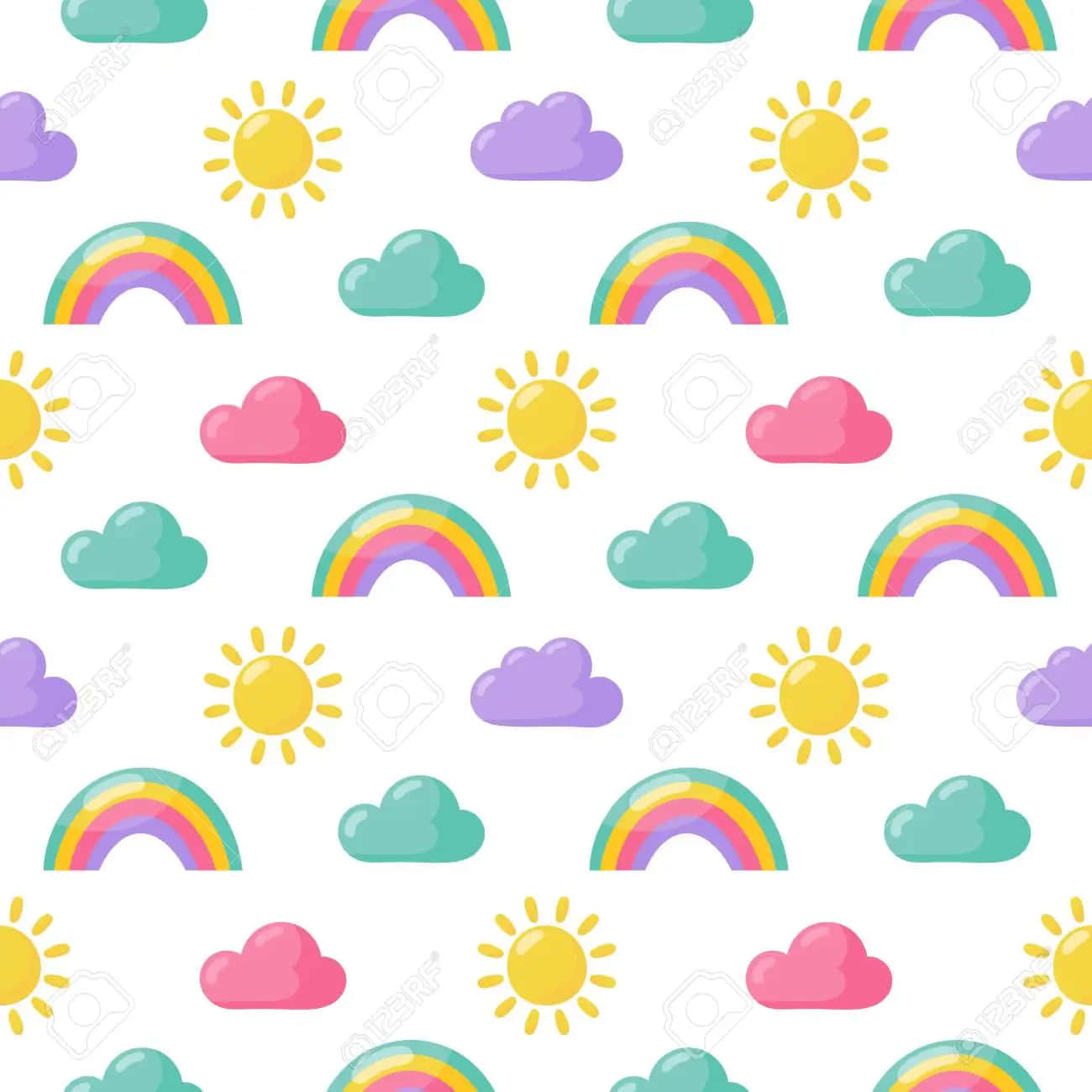 色彩繽紛的彩虹、太陽和雲朵在白色背景上重複的圖案。