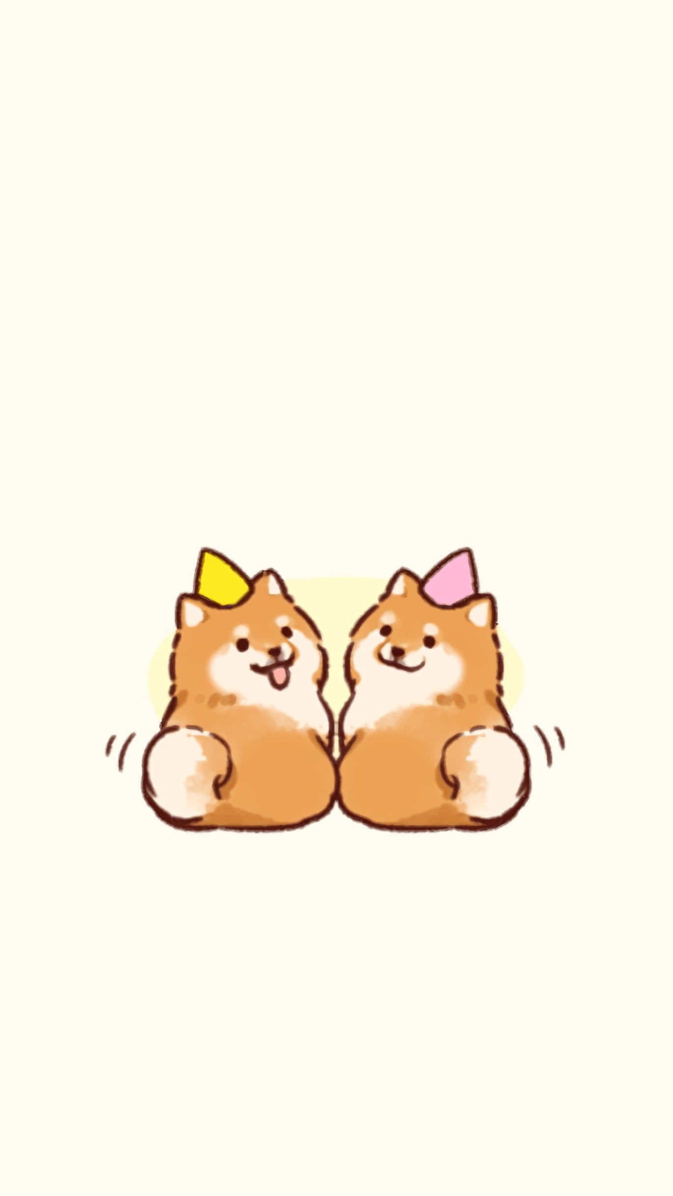 可愛柯基派對帽插畫 壁紙 — 兩隻可愛的卡通柴犬戴著派對帽，並排坐在純色背景上。