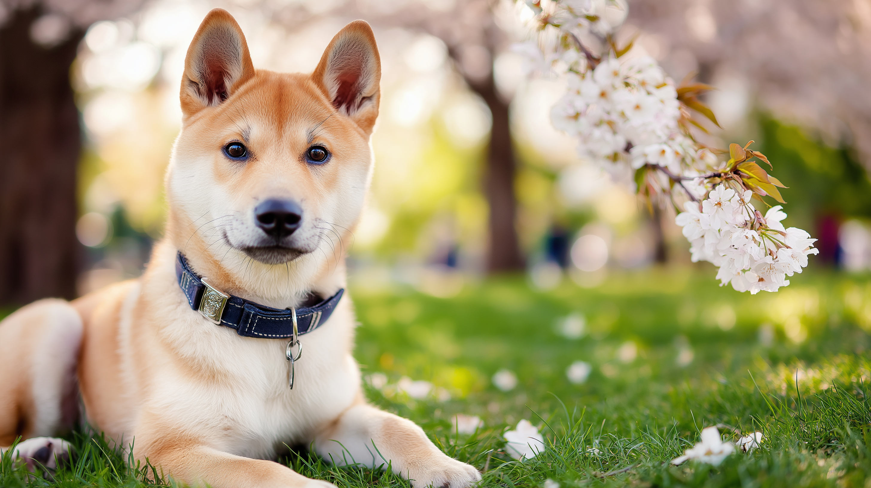 可愛柴犬幼犬 壁紙 — 一隻擁有棕褐色和白色毛髮的柴犬幼犬躺在盛開櫻花下的綠色草地上。