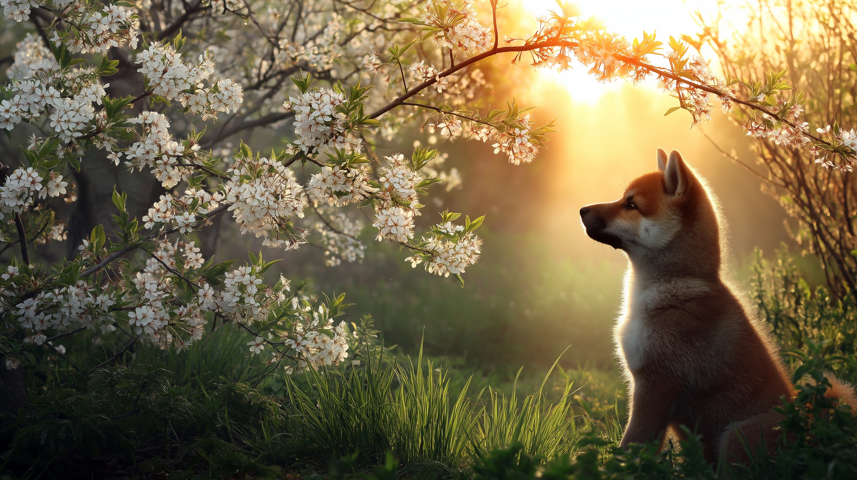 可愛柴犬幼犬 壁紙 — 一隻紅狗平靜地坐在盛開的白櫻花樹下，金色陽光穿過樹枝灑落。