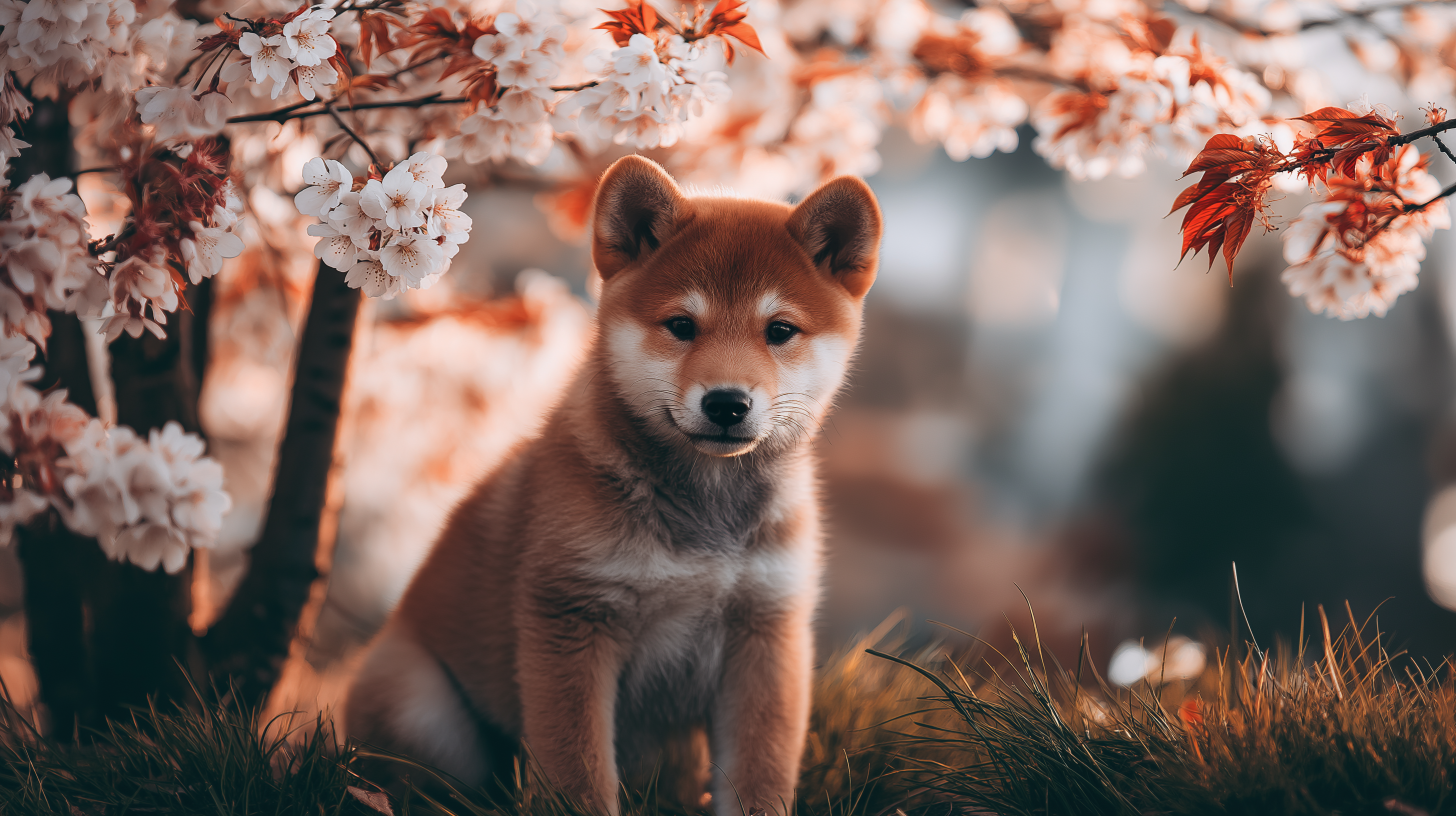 可愛柴犬幼犬 壁紙 — 一隻毛茸茸的紅色柴犬幼犬坐在盛開的櫻花枝下，沐浴在柔和的金色陽光中。