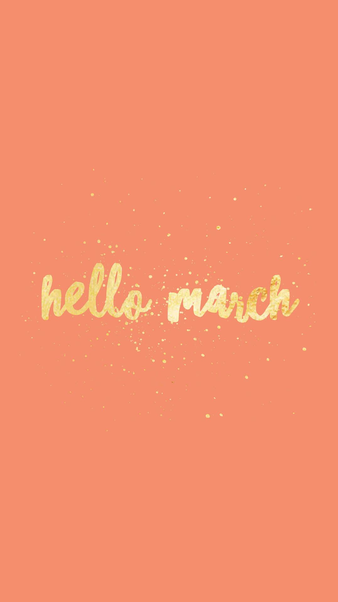 金色閃粉 hello march 文字在珊瑚色背景上，帶有閃光。