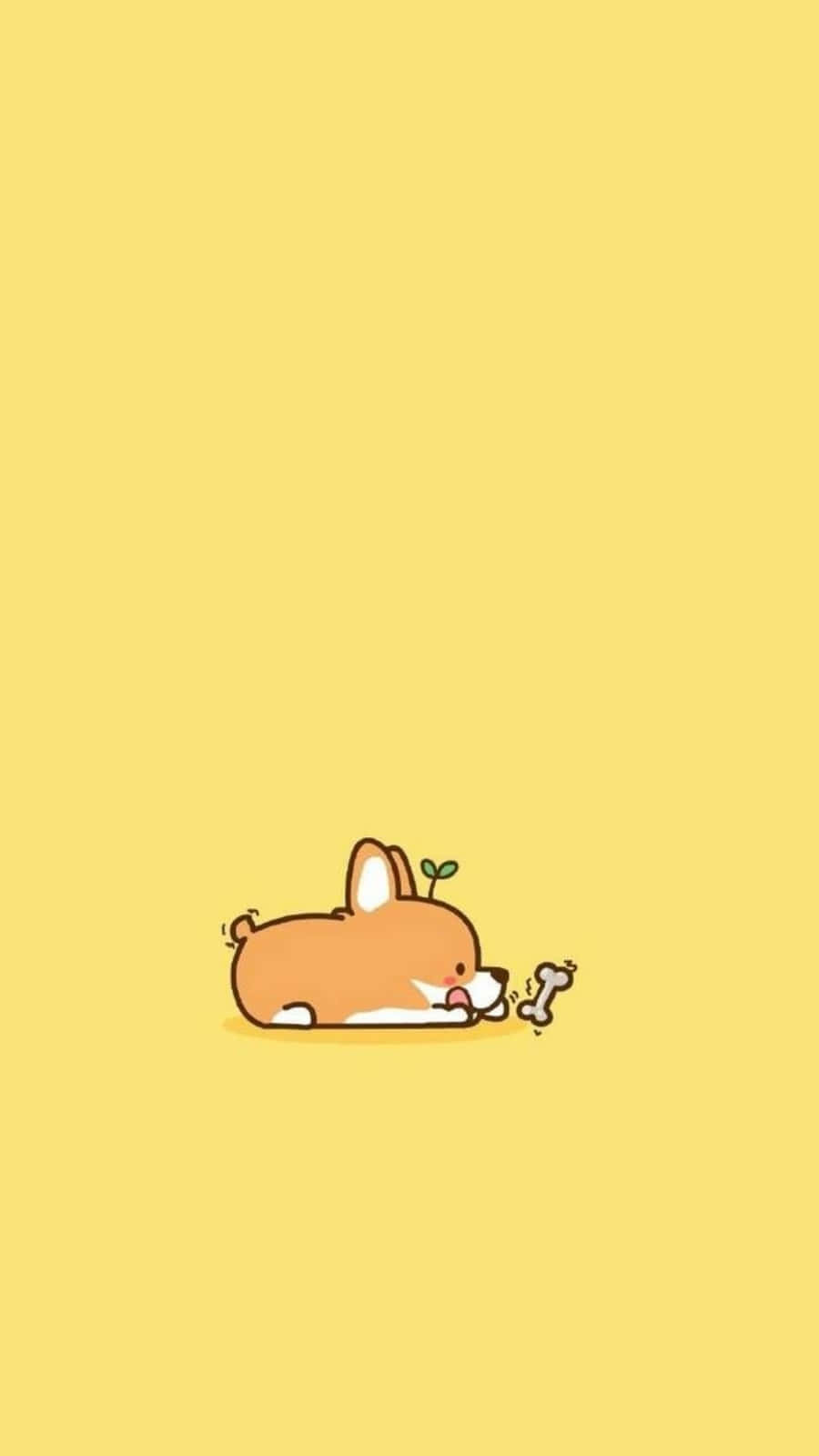 可愛棕色狗狗插畫 壁紙 — 一隻可愛的卡通哥基犬躺在純黃色背景上，頭部附近有一個小骨頭和嫩芽。