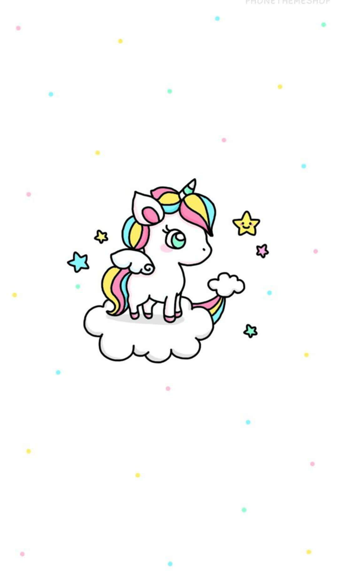 可愛極簡獨角獸圖 壁紙 — 一隻可愛的卡通獨角獸，擁有彩虹鬃毛和尾巴，站在一朵蓬鬆的雲上，周圍環繞著微笑的星星和粉彩圓點。
