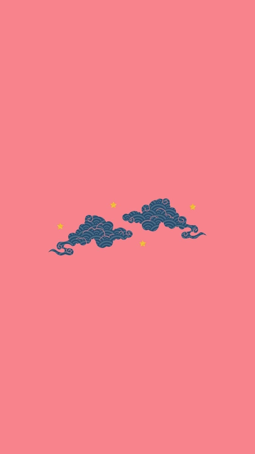 珊瑚粉紅色背景上的兩朵藍色風格化雲朵，帶有黃色星星。