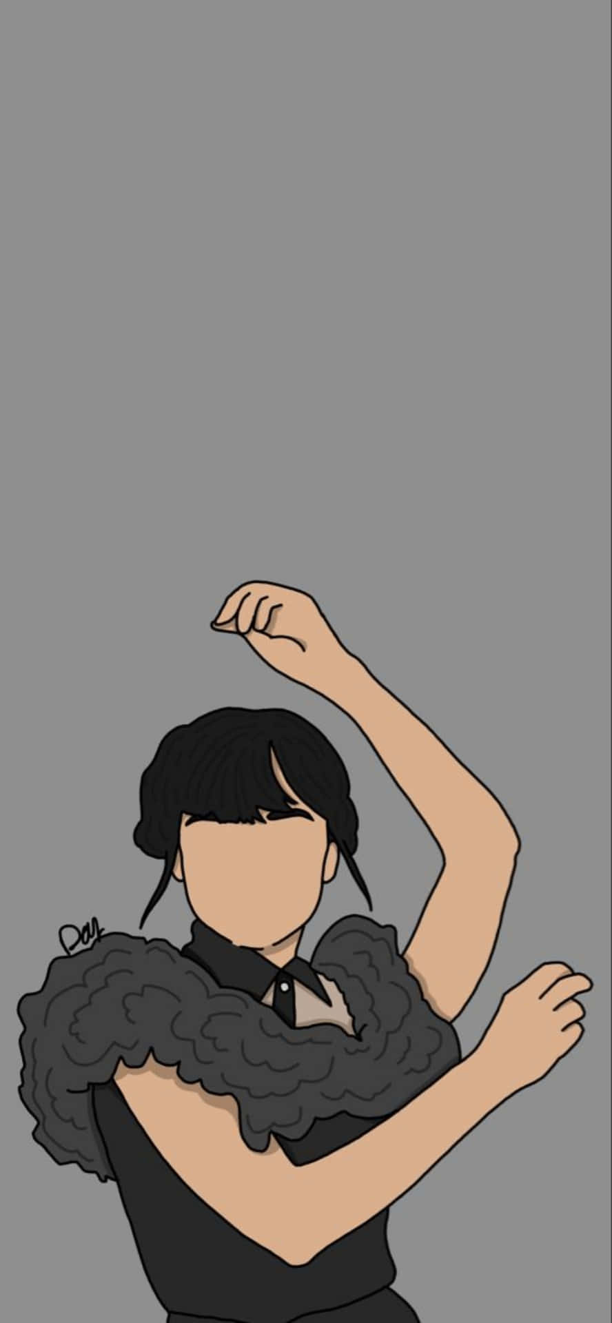 穿著黑色服裝、蓬鬆領子的無臉插圖人物舉起一隻手臂。