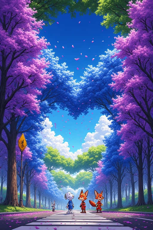 兩隻狐狸和一隻狗在樹木成蔭的道路上行走，紫色和藍色的花朵飄落。