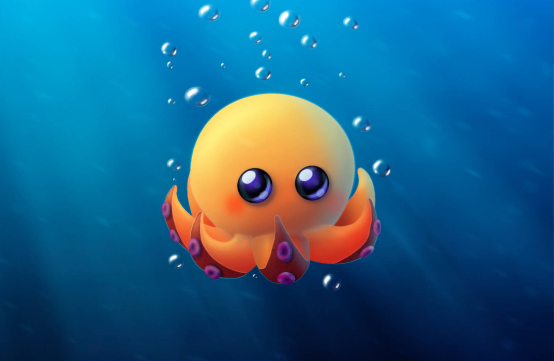 一隻快樂的卡通章魚漂浮在海水中，周圍有氣泡升起。