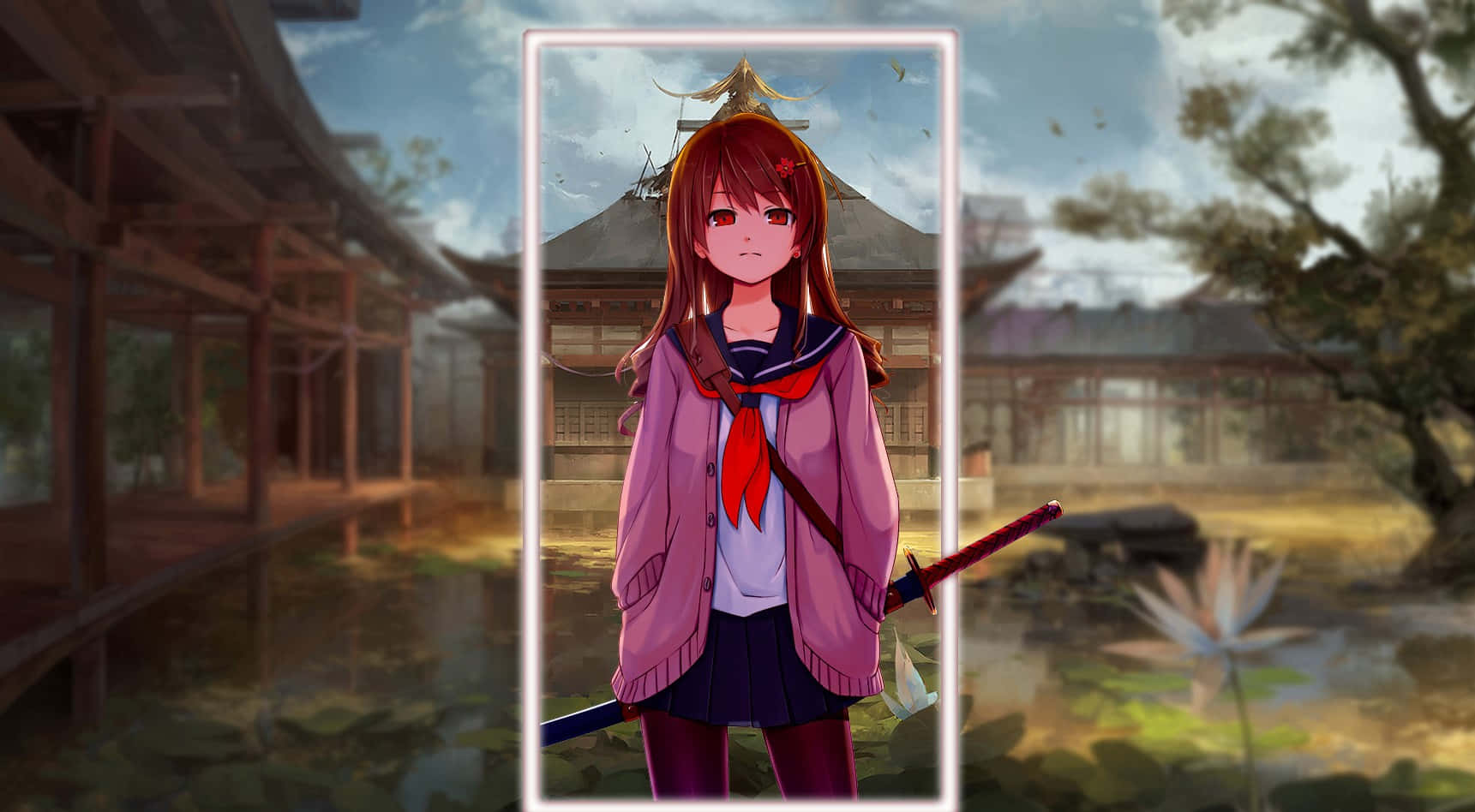 可愛武士校園少女壁紙 壁紙 — 一個有紅色頭髮和劍的動漫女孩，站在傳統日本寺廟和池塘前的相框圖片。
