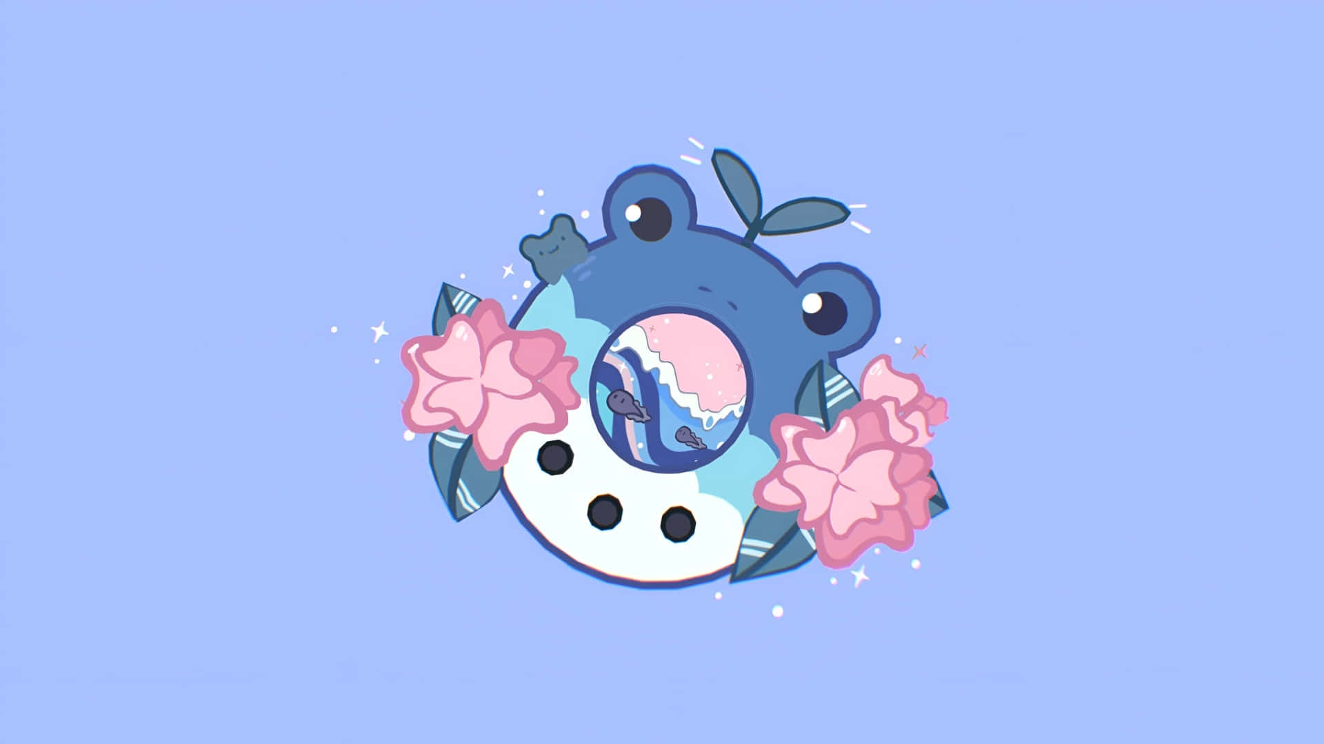 可愛水族主題電子寵物：Tamagotchi 壁紙 — 一隻可愛的藍色卡通鯨魚，眼睛內有粉紅色花朵和波浪圖案，背景是柔和的藍色。