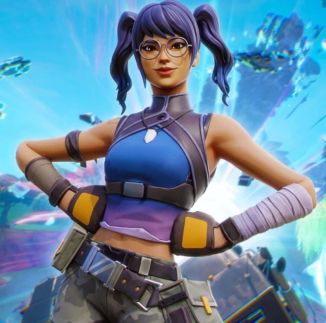 Fortnite角色，紫色辮子同眼鏡，喺科幻天空。