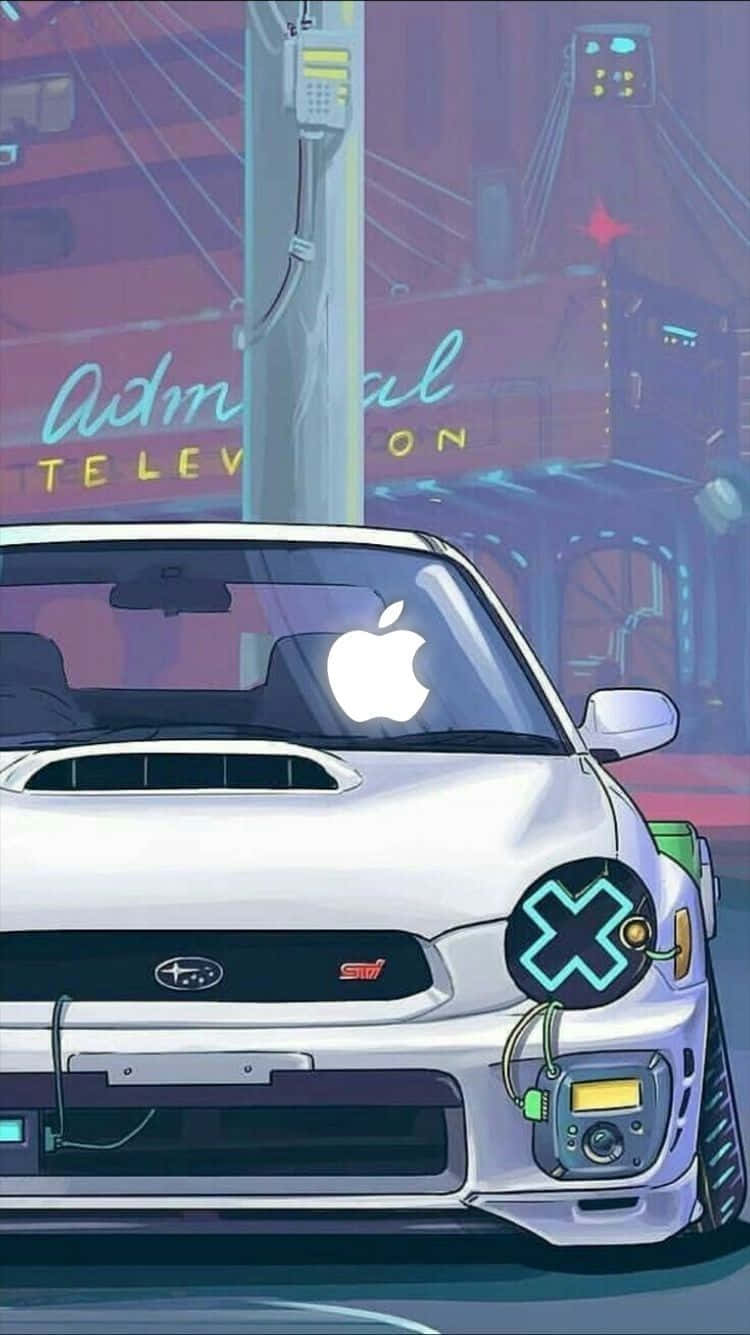 帶有Apple標誌的白色Subaru在霓虹燈閃爍的賽博朋克城市中。