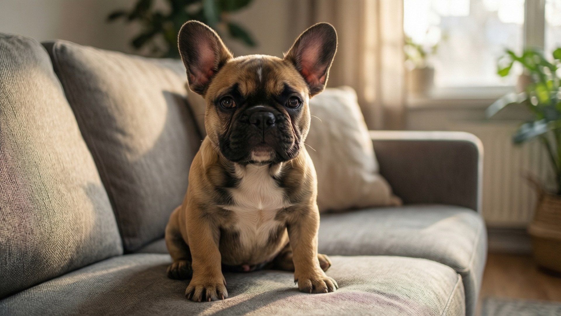 一隻淺黃褐色法國鬥牛犬幼犬坐在陽光充足的房間裡的灰色沙發上。