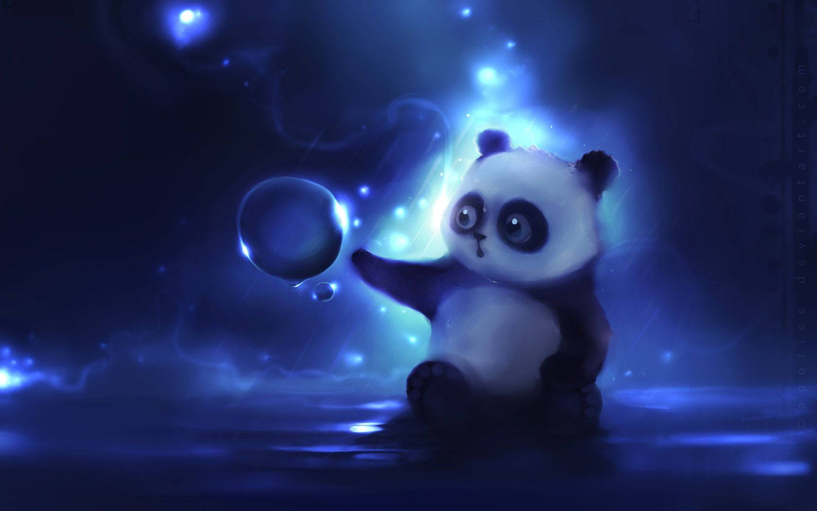 一隻細小嘅熊貓BB喺神奇嘅藍色水場景中玩發光泡泡。