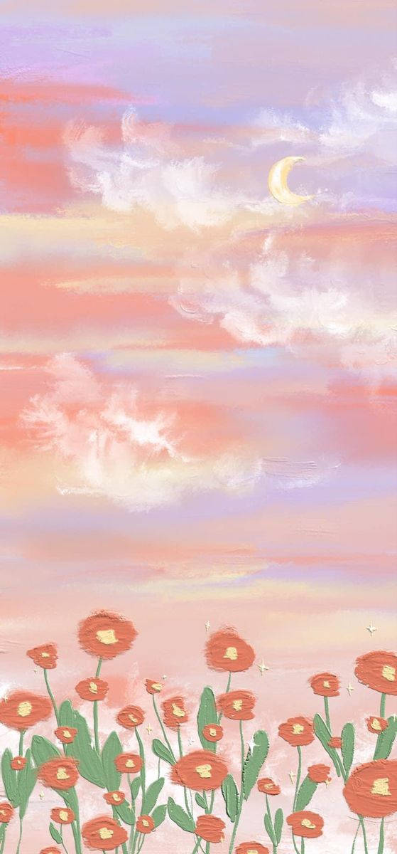 橙色罌粟花喺有新月同柔和雲嘅粉彩天空下盛開。