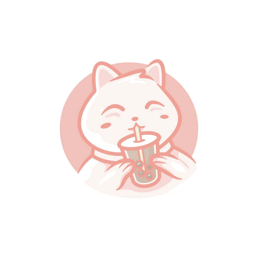 一隻卡通貓咪開心地用吸管啜飲珍珠奶茶。