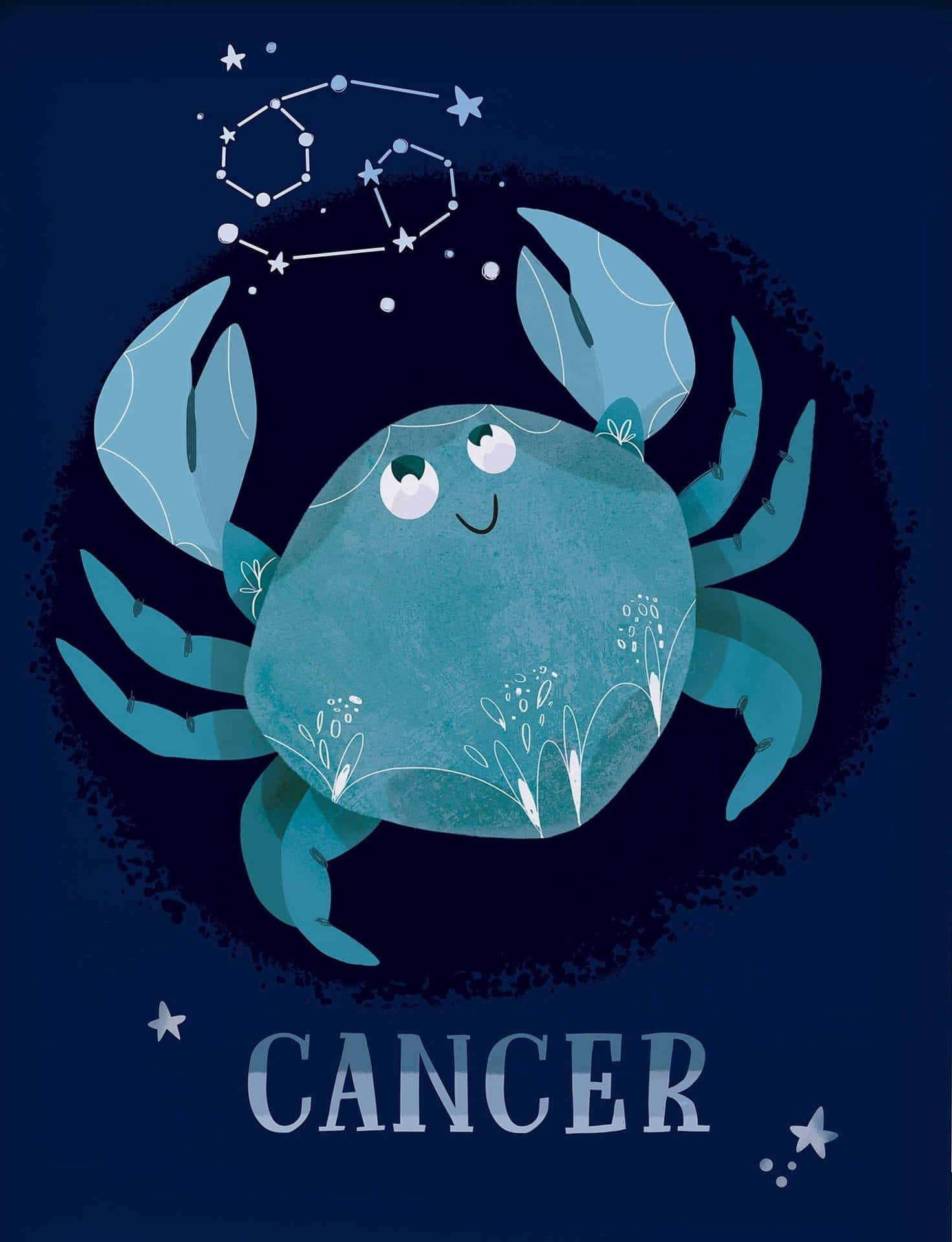 一隻快樂的卡通螃蟹，下方有「Cancer」字樣，背景是星空。