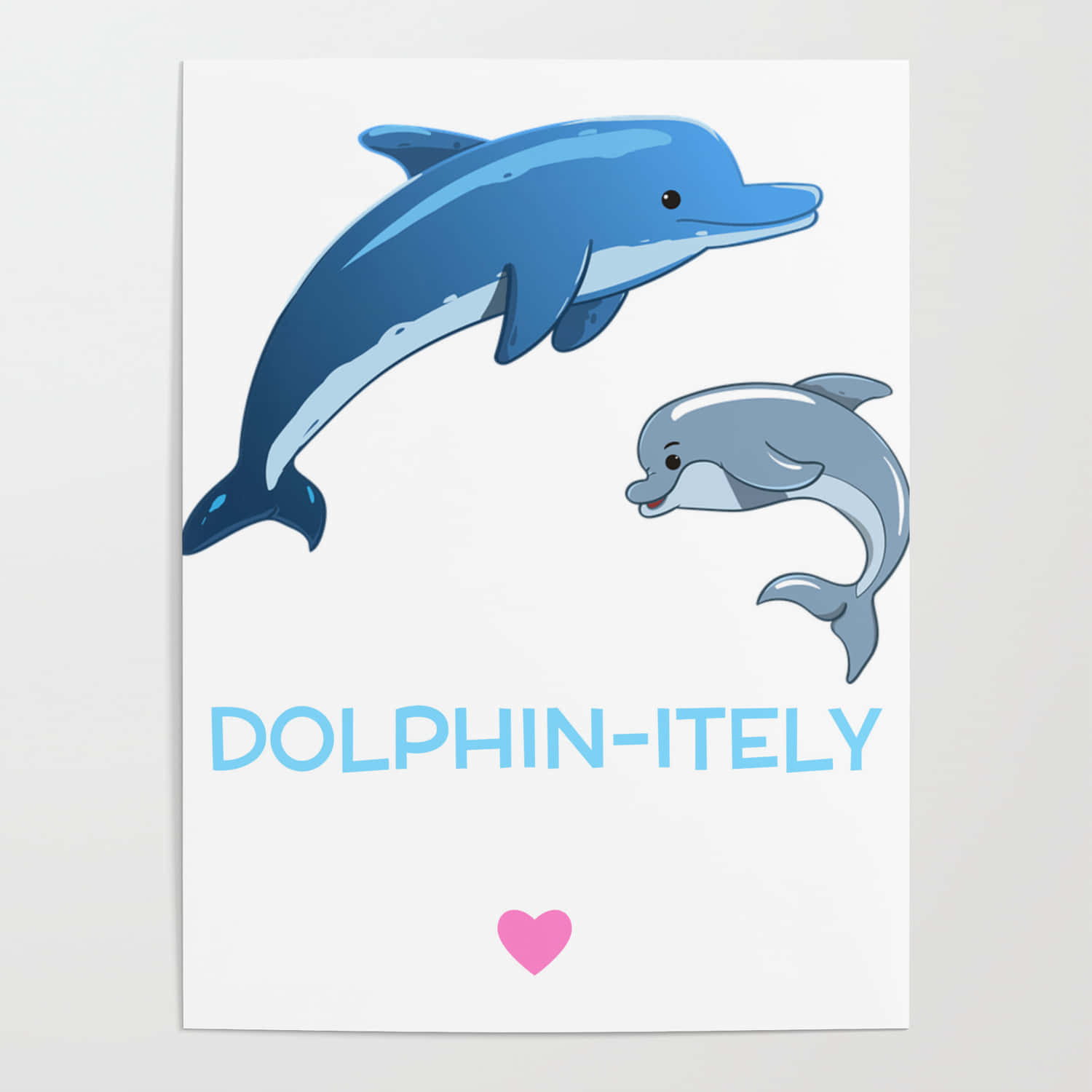 兩隻卡通海豚與文字 dolphin itely 和粉紅心形一起跳躍。