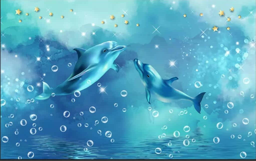 兩隻海豚在帶有星星和氣泡的魔法藍色海洋中游泳。