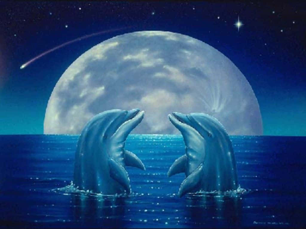兩隻海豚在巨大的月亮和流星下從海洋中躍起。