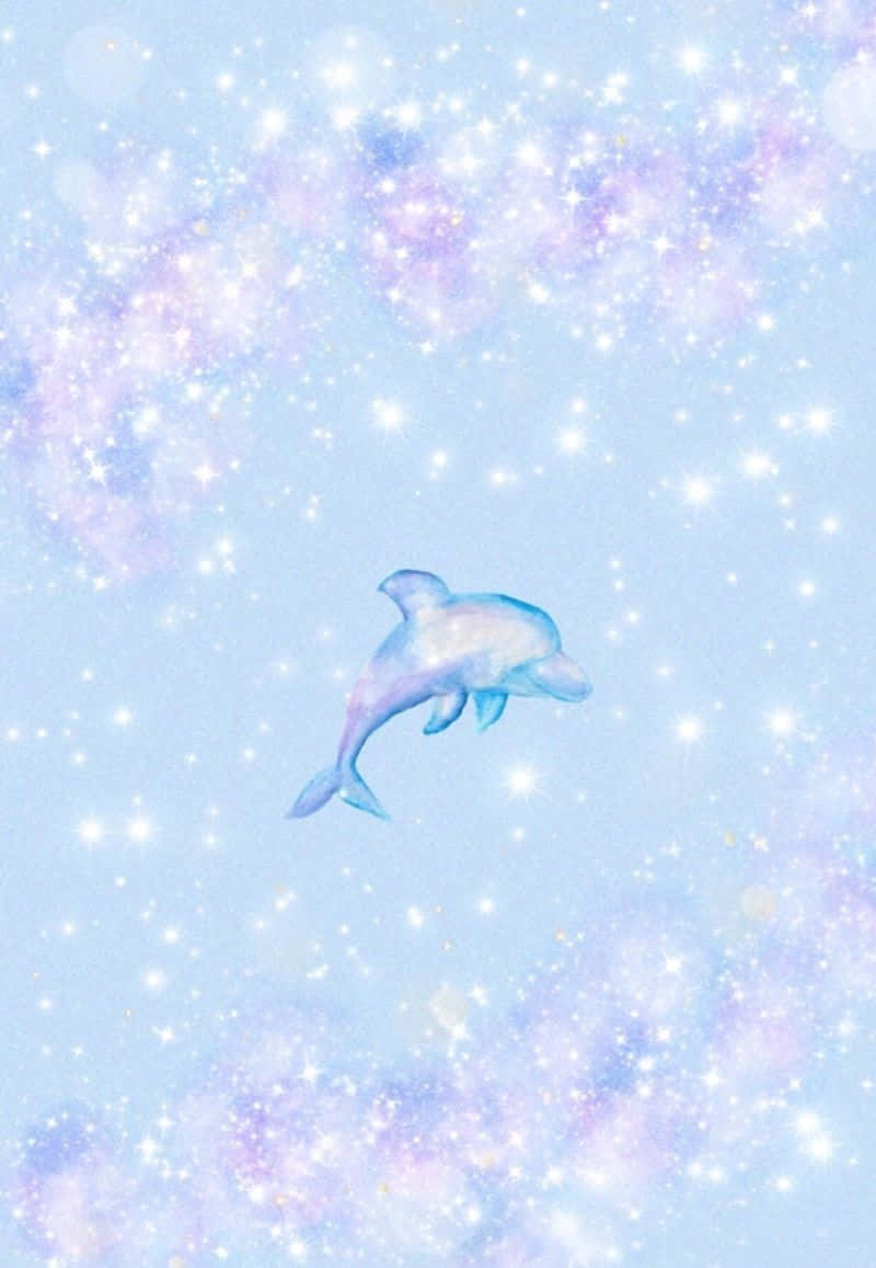 一隻藍色海豚在佈滿星星的星系中游過，伴隨著粉彩雲。