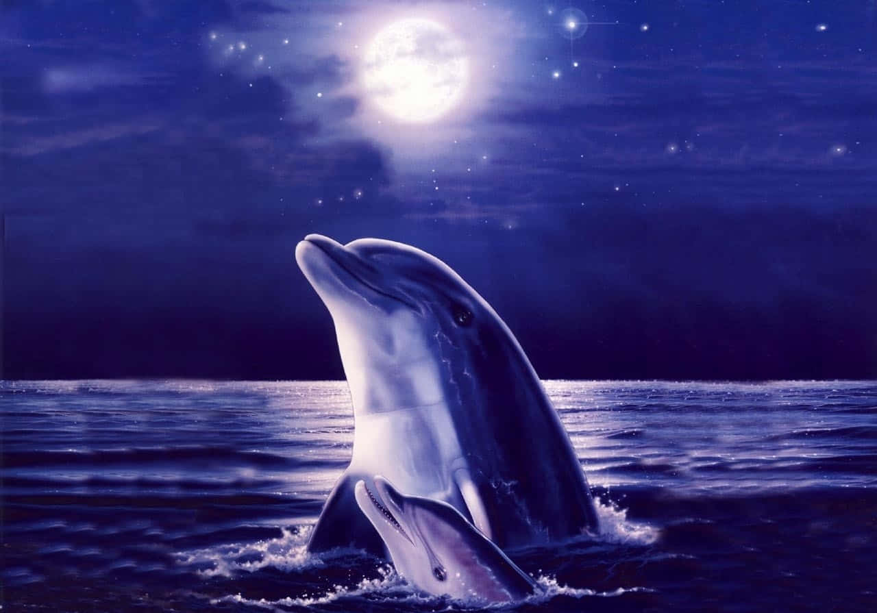 兩條海豚在明亮的月亮和星星下，優雅地從海浪中躍起。