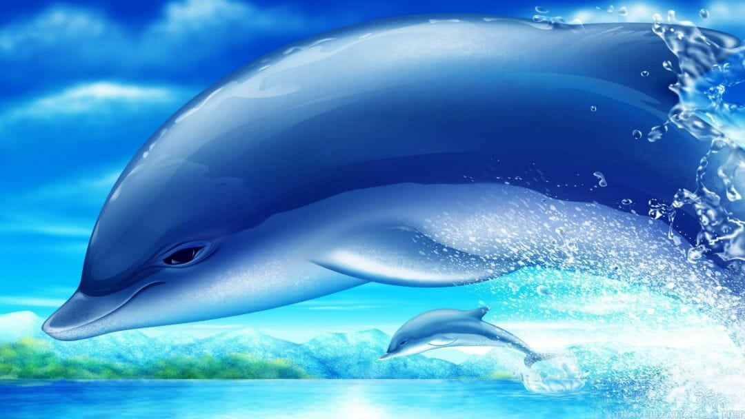 兩隻海豚在陽光明媚的天空下從海浪中躍起。