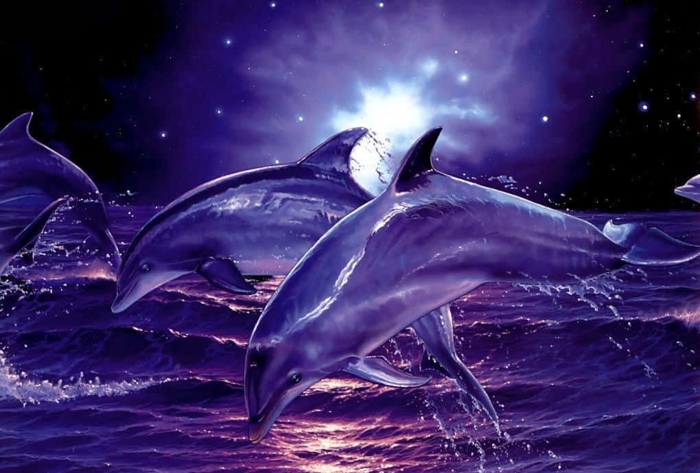 海豚在發光的紫色海洋中跳躍，下方是星光燦爛的宇宙天空，伴隨著一輪明亮的月亮。